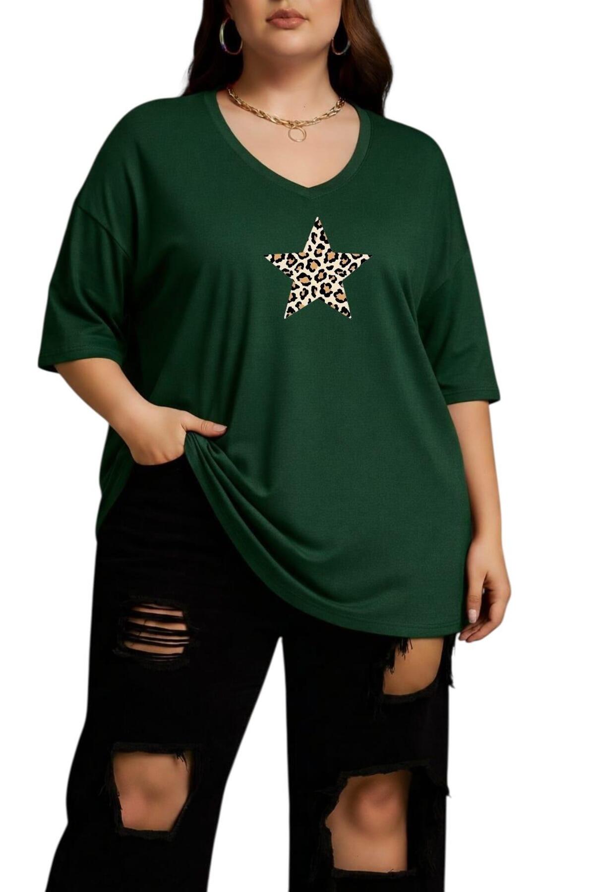 LEOPARD STAR PRINTED V-NECK OVERSIZED TEE 2CZ1