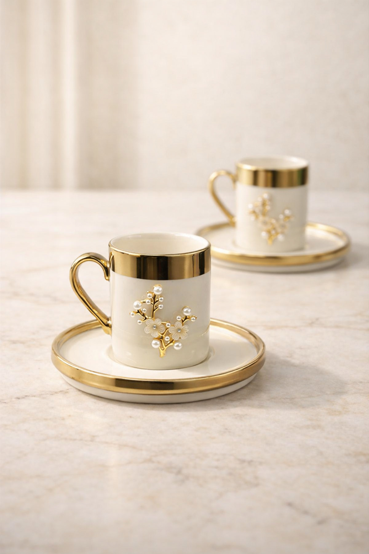 YzHome 2 Person Luxury White Gold Gilded Pearl Lotus Coffee Cup Set 100ml