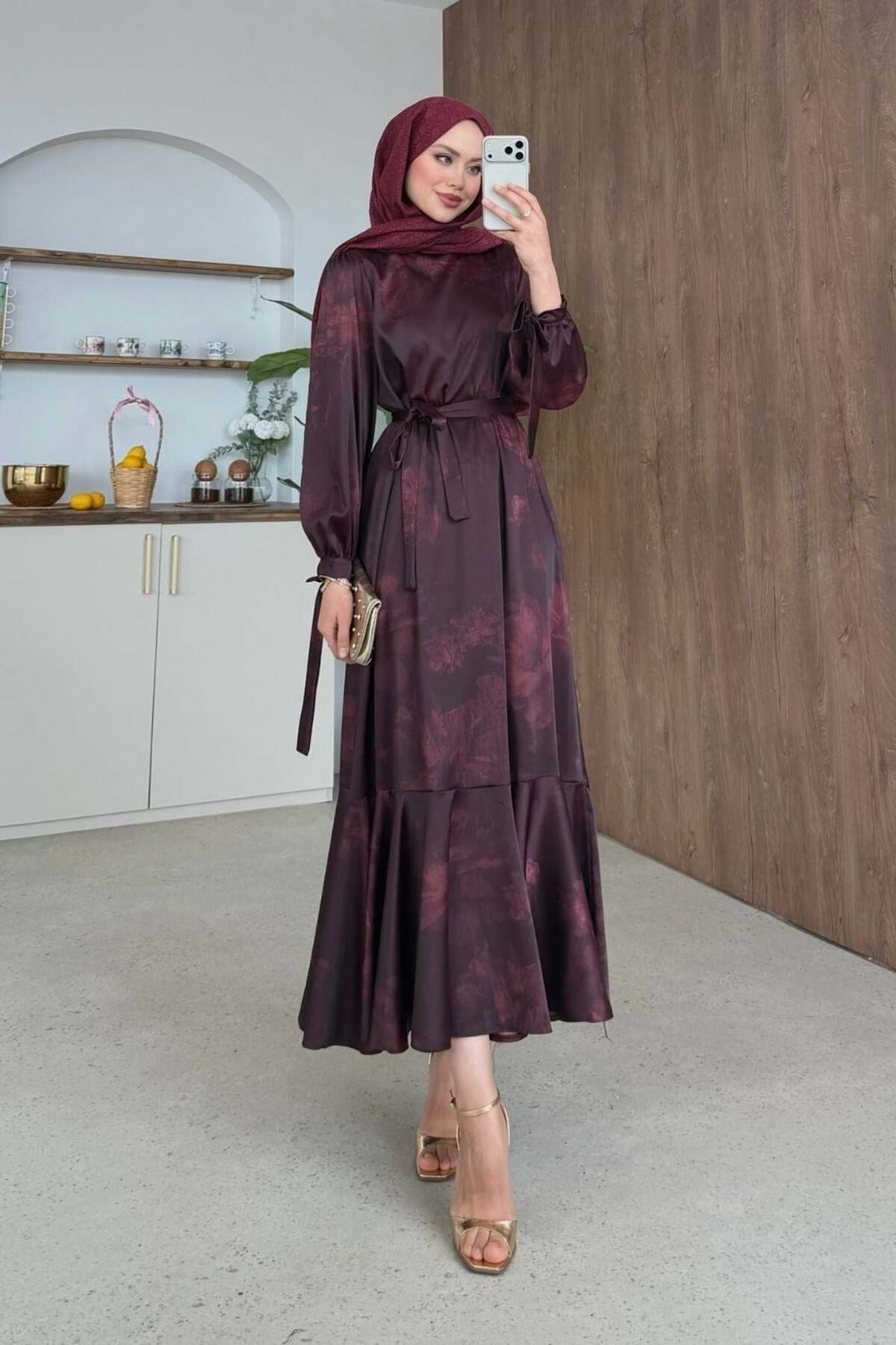 Şulemoda Giyim  Melike Desenli Saten Elbise Bordo - Görsel 3