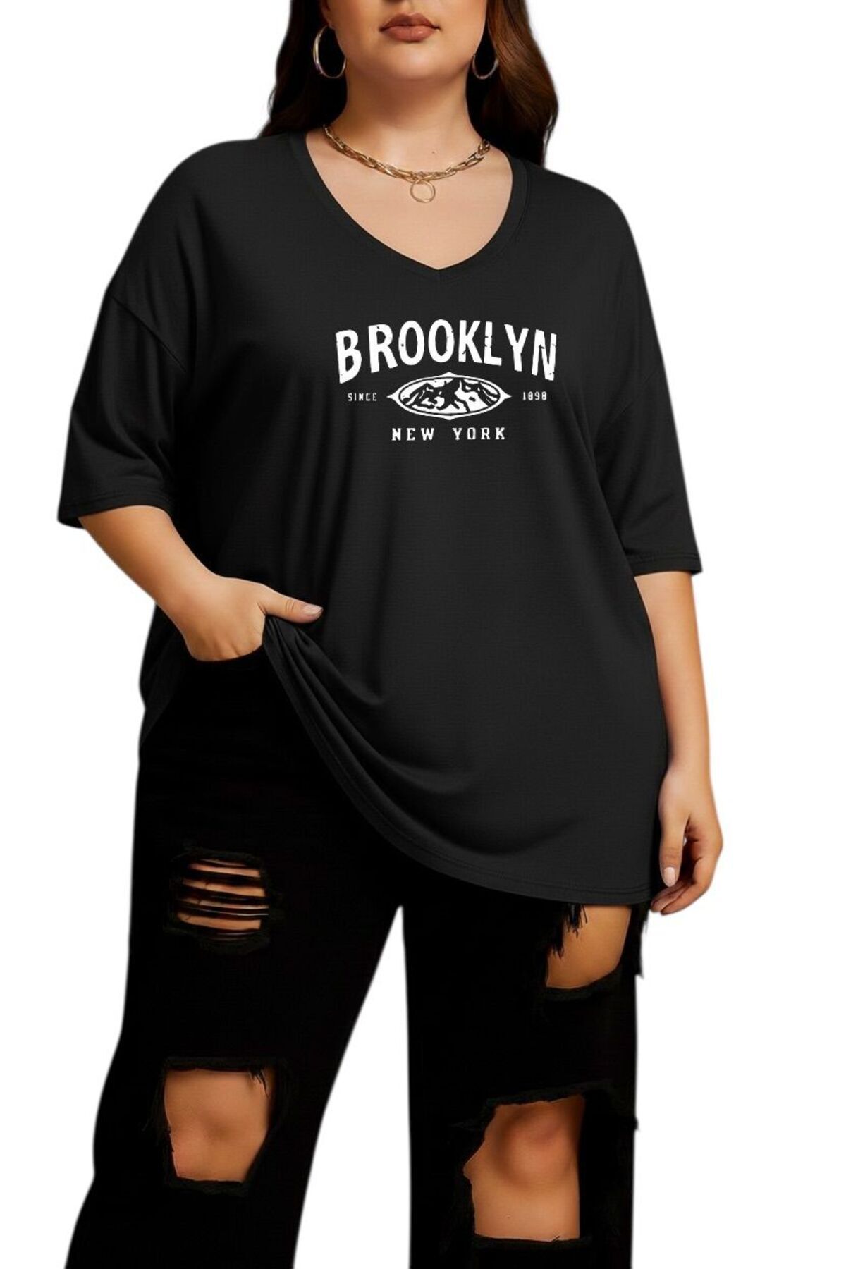 BENROMA BROOKLYN BASKILI V YAKA BÜYÜK BEDEN OVERSİZE TİŞÖRT 3CZ1