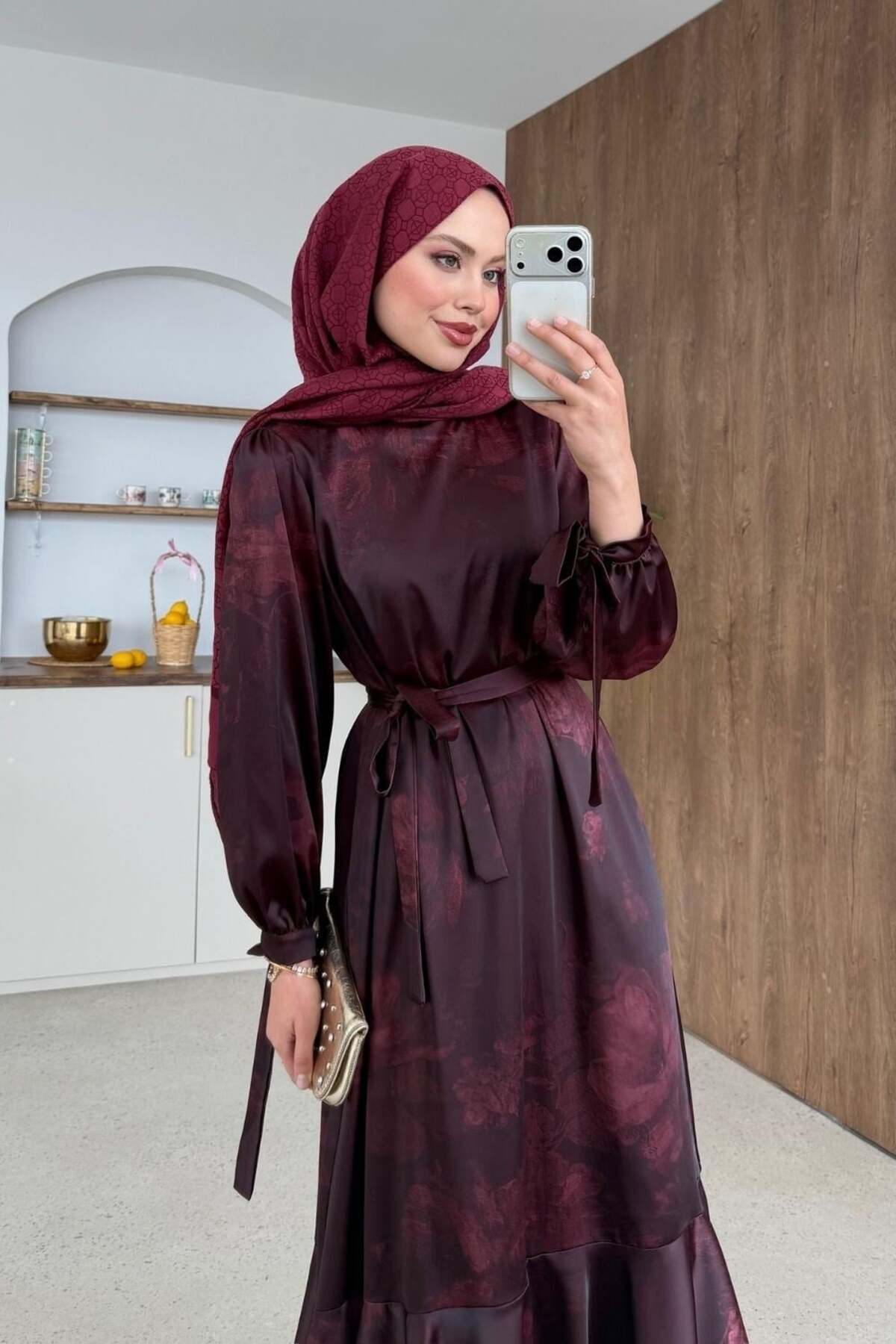 Şulemoda Giyim  Melike Desenli Saten Elbise Bordo - Görsel 2