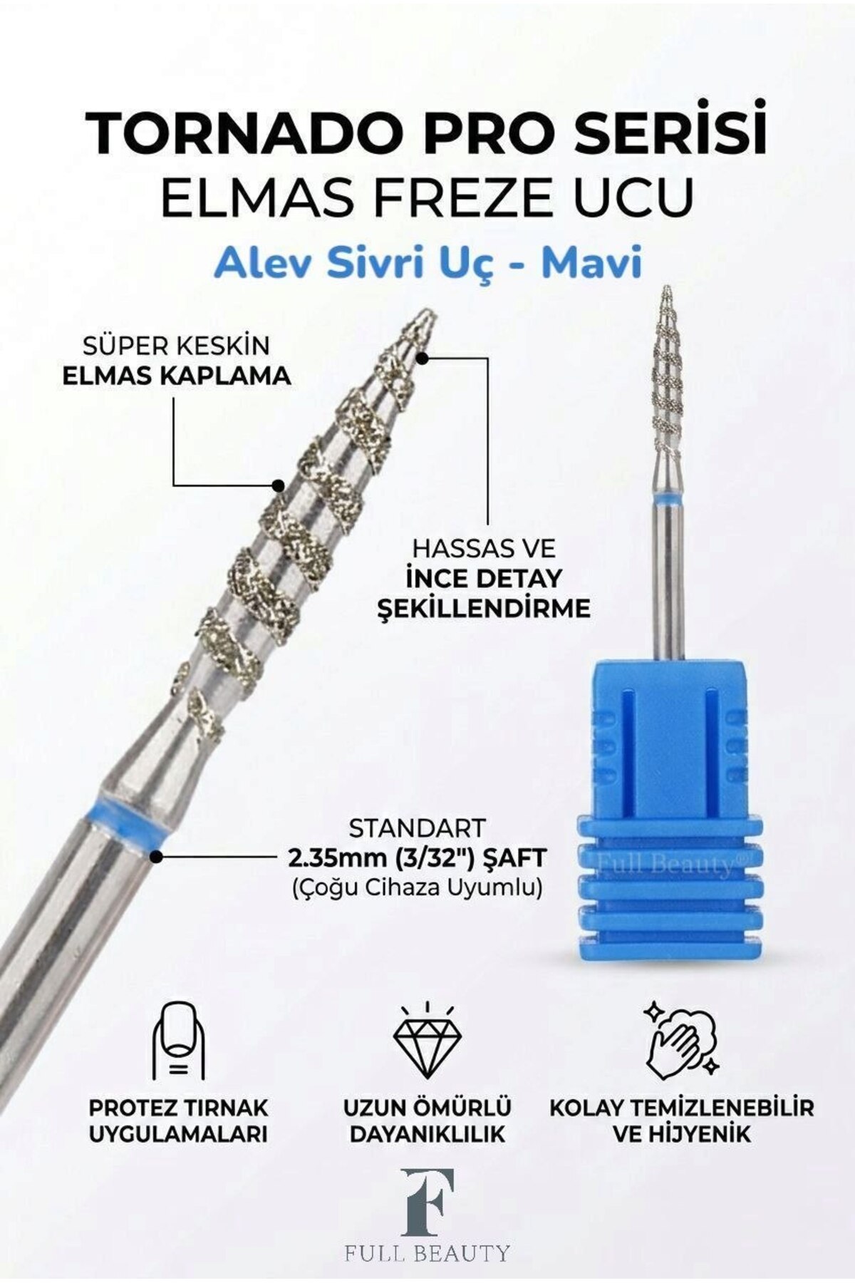 Full Beauty Tornado Alev Uç 2.0 mm Elmas Freze Ucu Protez Tırnak Kalıcı Oje Çıkarma Ucu Sivri ve Küt Seçenekleri — آبی 65324