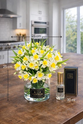 VINNOS HOME CONCEPT Nergis Çiçekli Vazo Seti & Oda Kokusu 30 ml - Premium Dek...