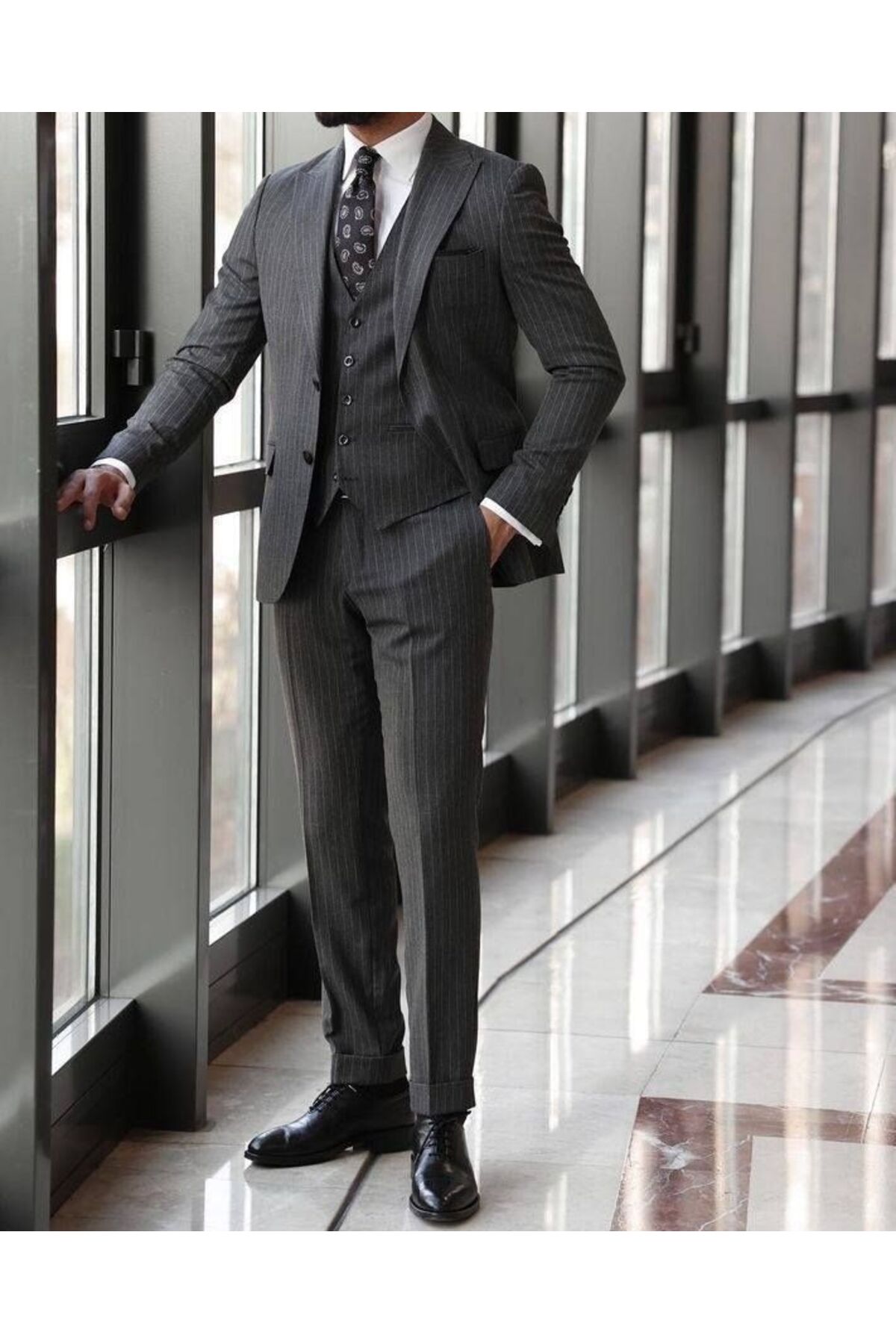 ilayda emir Swallow Collar, Slim Fit, Blazer, Men's Suit, Striped, Black
