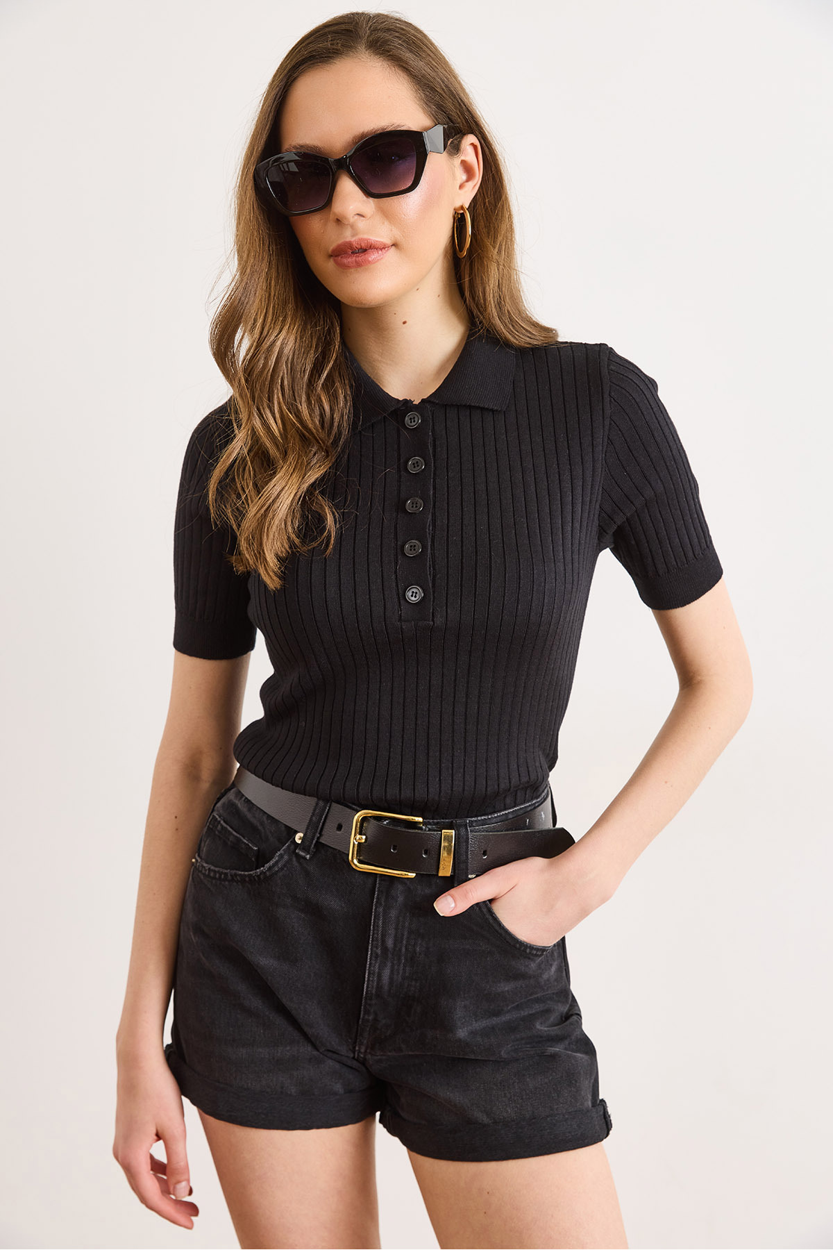 Women's Black Polo Neck Buttoned Ribbed Soft BlouseBLZ-19003319