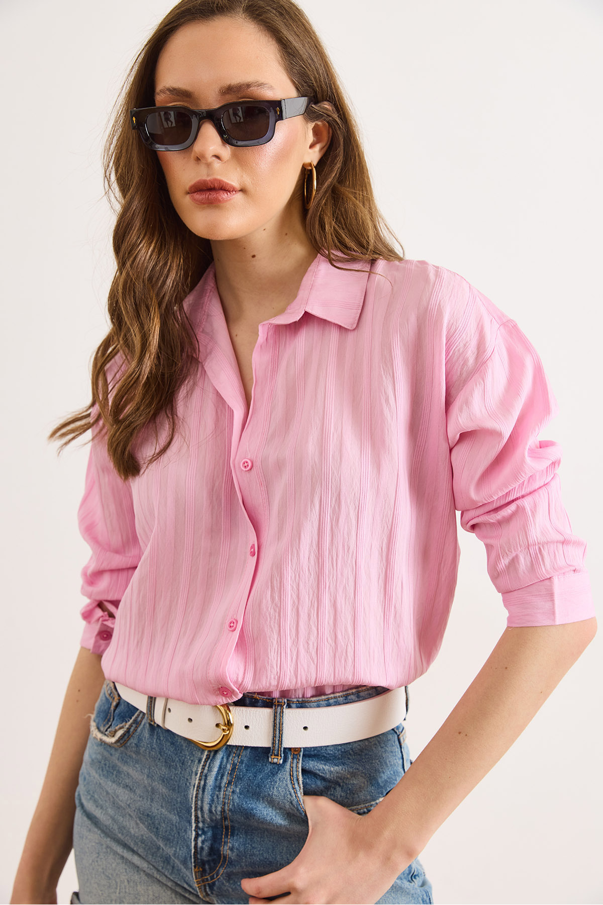 Women's Pink Textured Lightweight Transparent Loose Fit ShirtGML-19001408