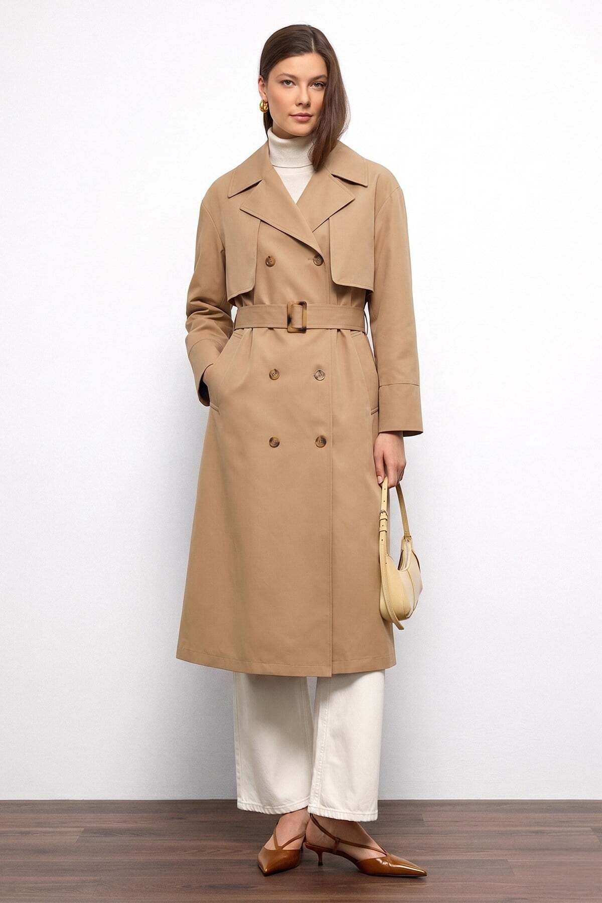 Olcay Cape Detailed Soft Fabric Unlined Trench Coat Beige 6843