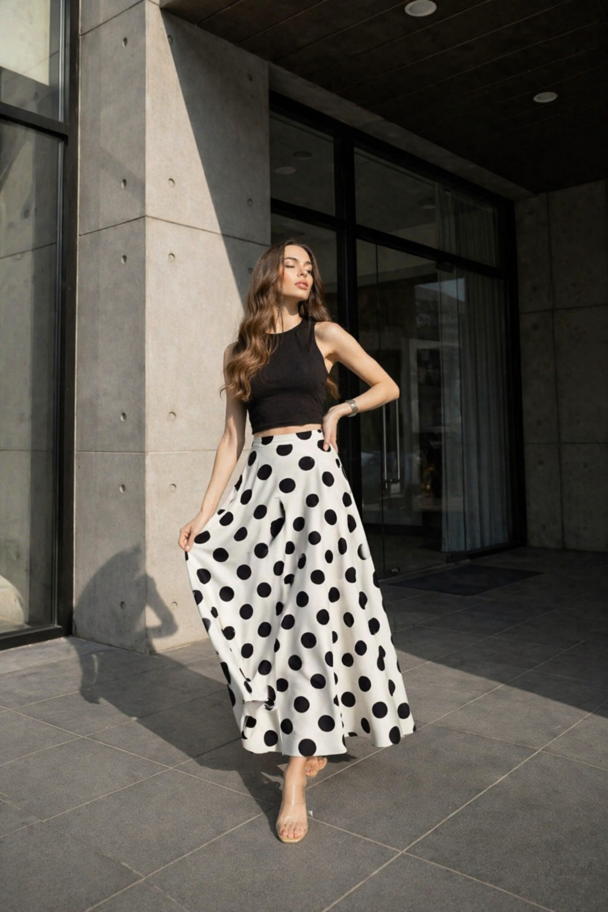 EYYE  Beyaz Puandiyeli Desenli Uzun Bürümcük Kloş Etek - Görsel 2