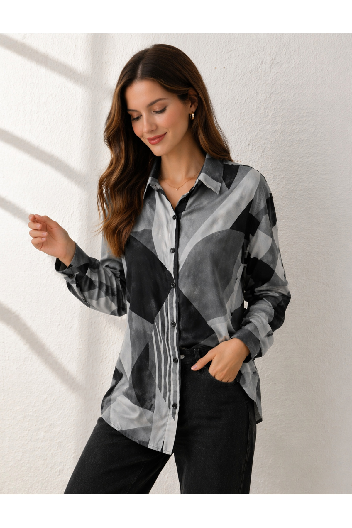 Nuevo Timeless Black Gray Patterned Women's Shirt – Modern Relaxed Fit -