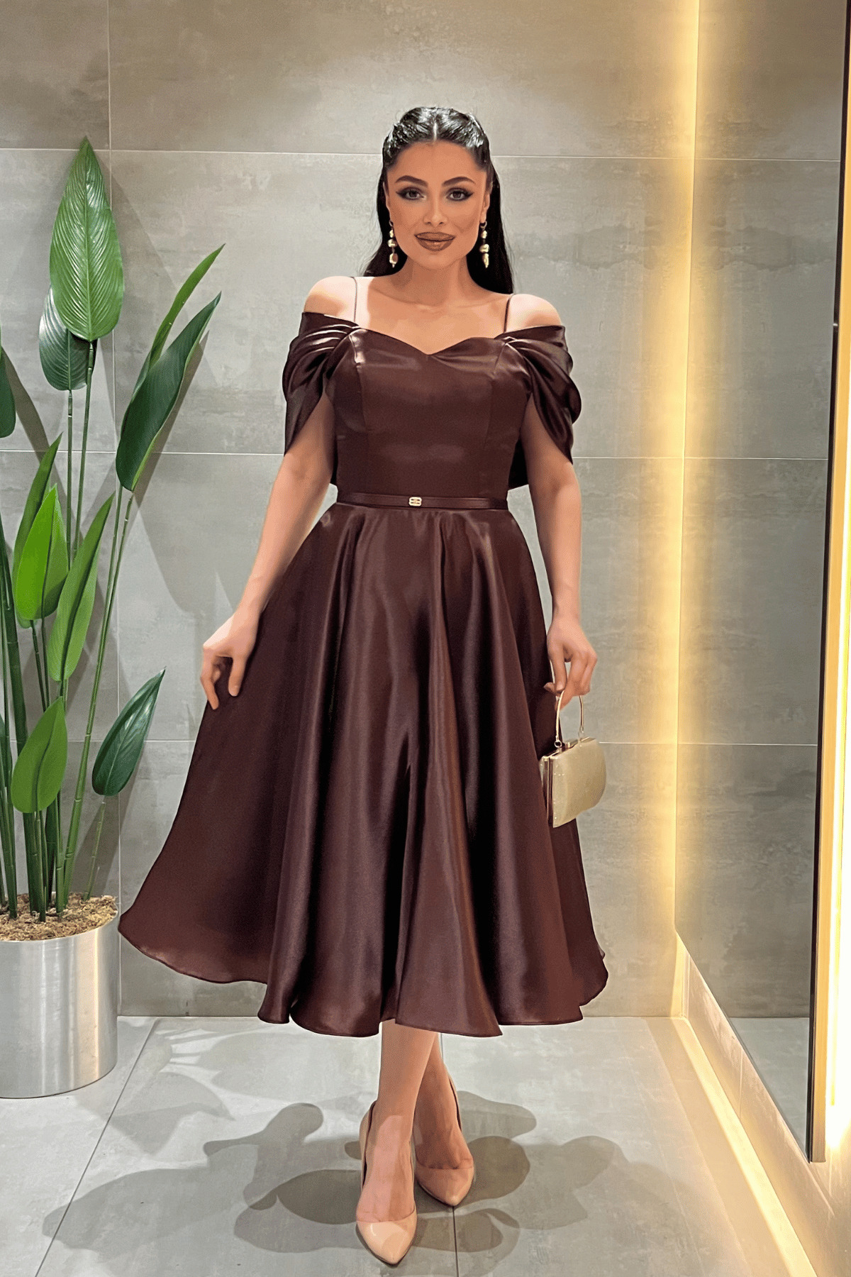 giyimmasalı Organza Fabric Off-Shoulder Midi Dress - Black- Trendyol