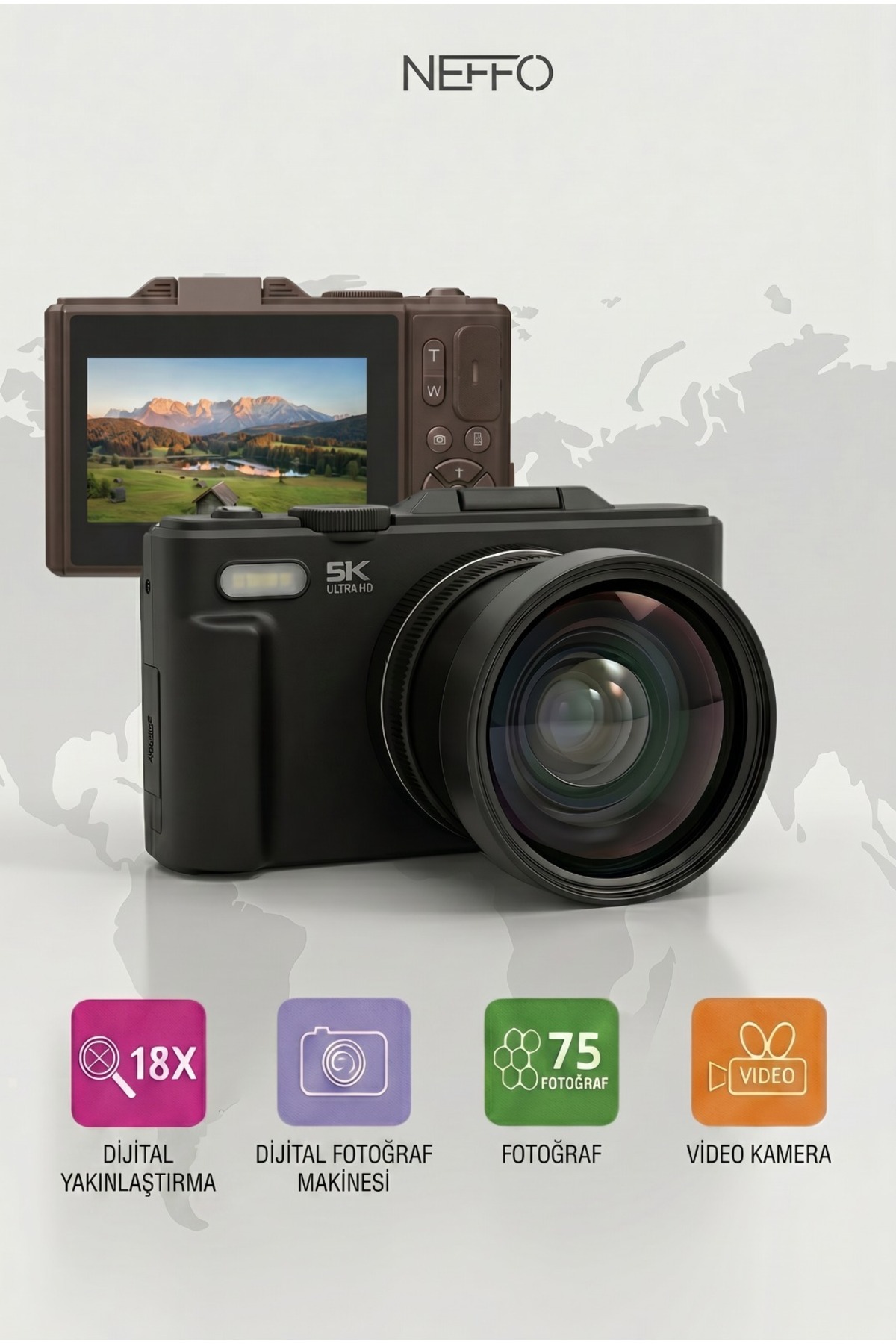 NEFFO 5K UHD 18x Zoom Dönen Ekran Video Foto Vlog Kamera - Fiyatı