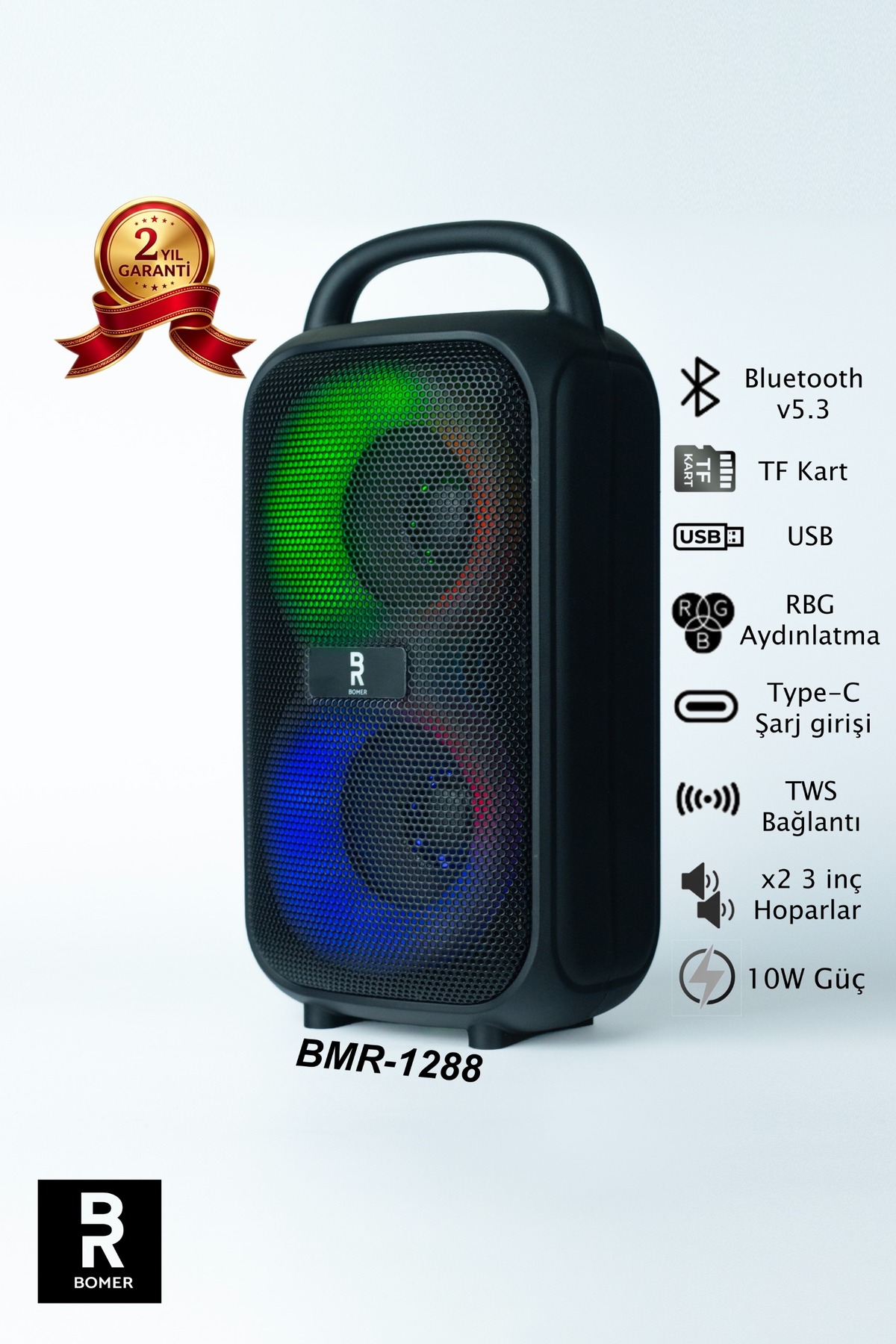 BMR-1288 BLUETOOTH HOPARLÖR RGB IŞIKLI 10W TWS TF KART USB DESTEKLİ