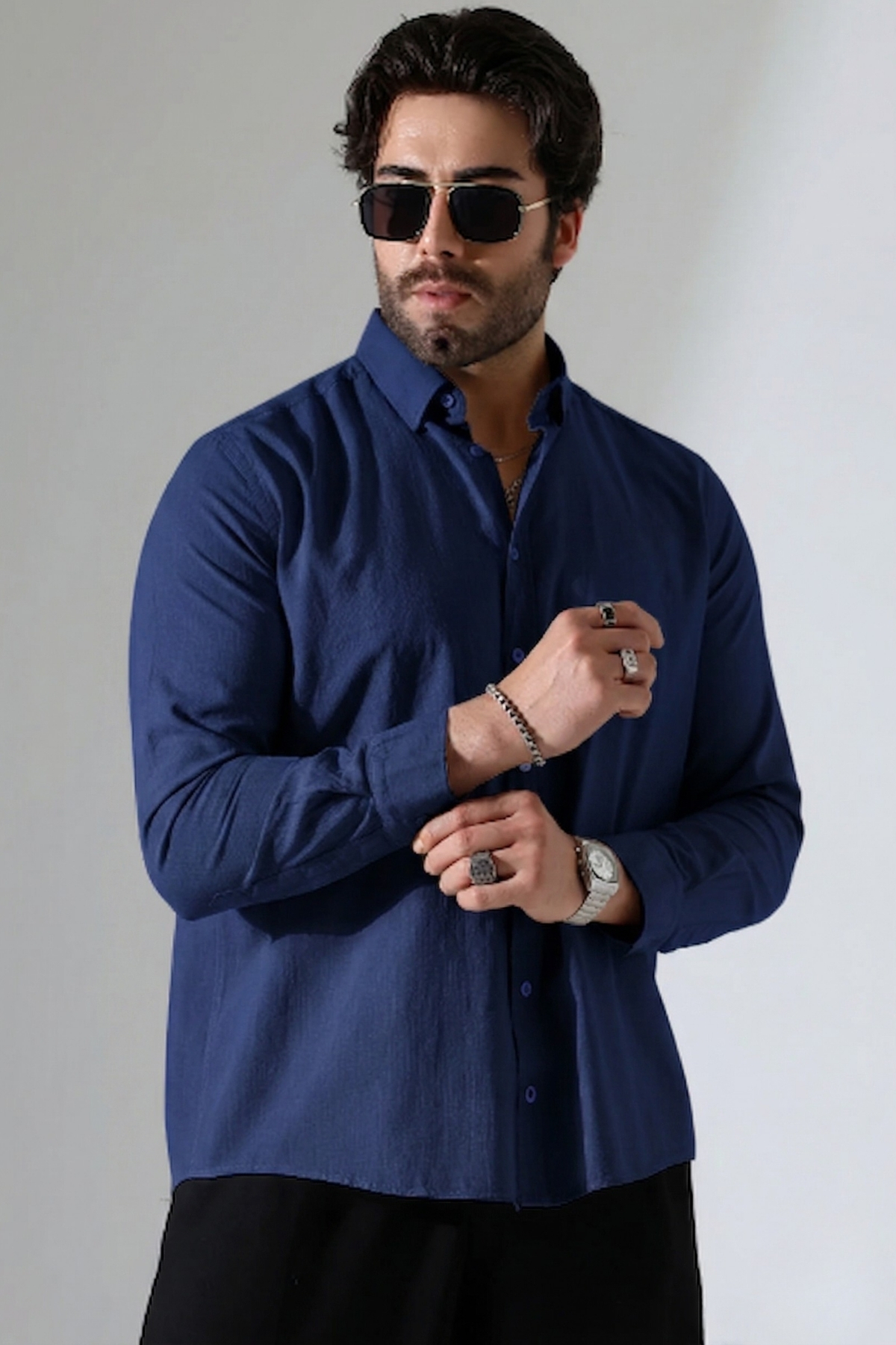 Corradeo Giyim New Season Oversized Cut Long Sleeve Cotton Linen Men's Shirt - Navy Blue