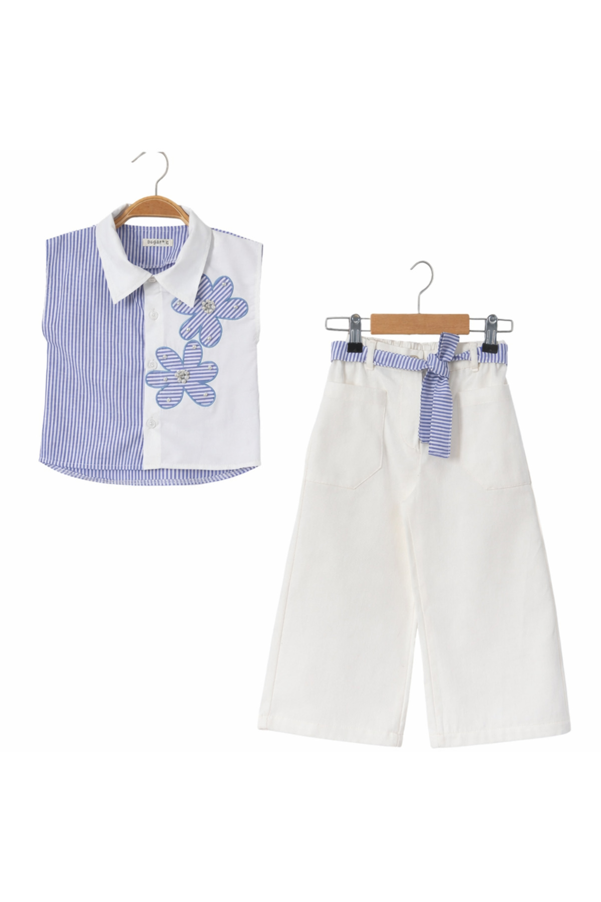 KÜÇÜK TERZİ Girl's Striped Floral Embroidered Shirt and Pants Set Summer Stylish Combination 2-9 Years Old