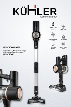 kühler Titan V400 Dikey Şarjlı Süpürge Esnek Borulu Güçlü Emiş Kablosuz