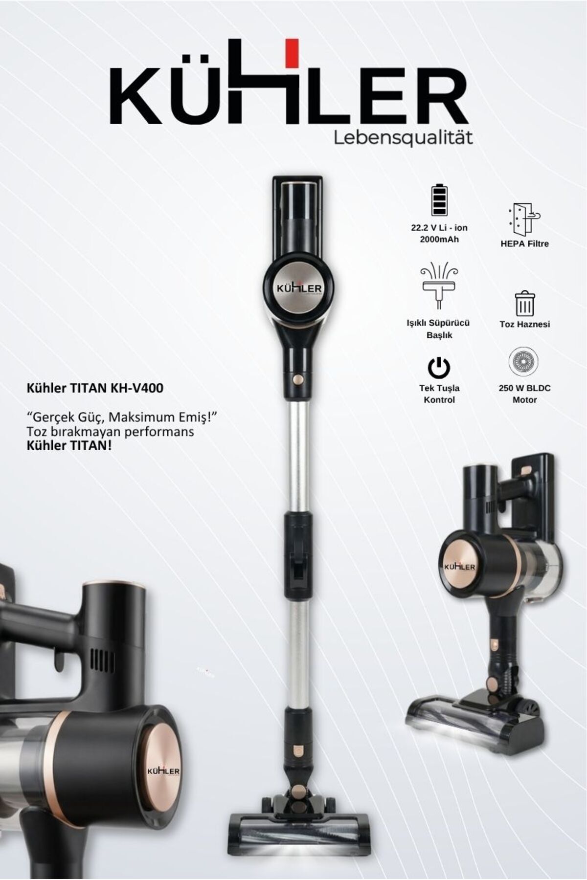 kühler Titan V400 Dikey Şarjlı Süpürge Esnek Borulu Güçlü Emiş Kablosuz