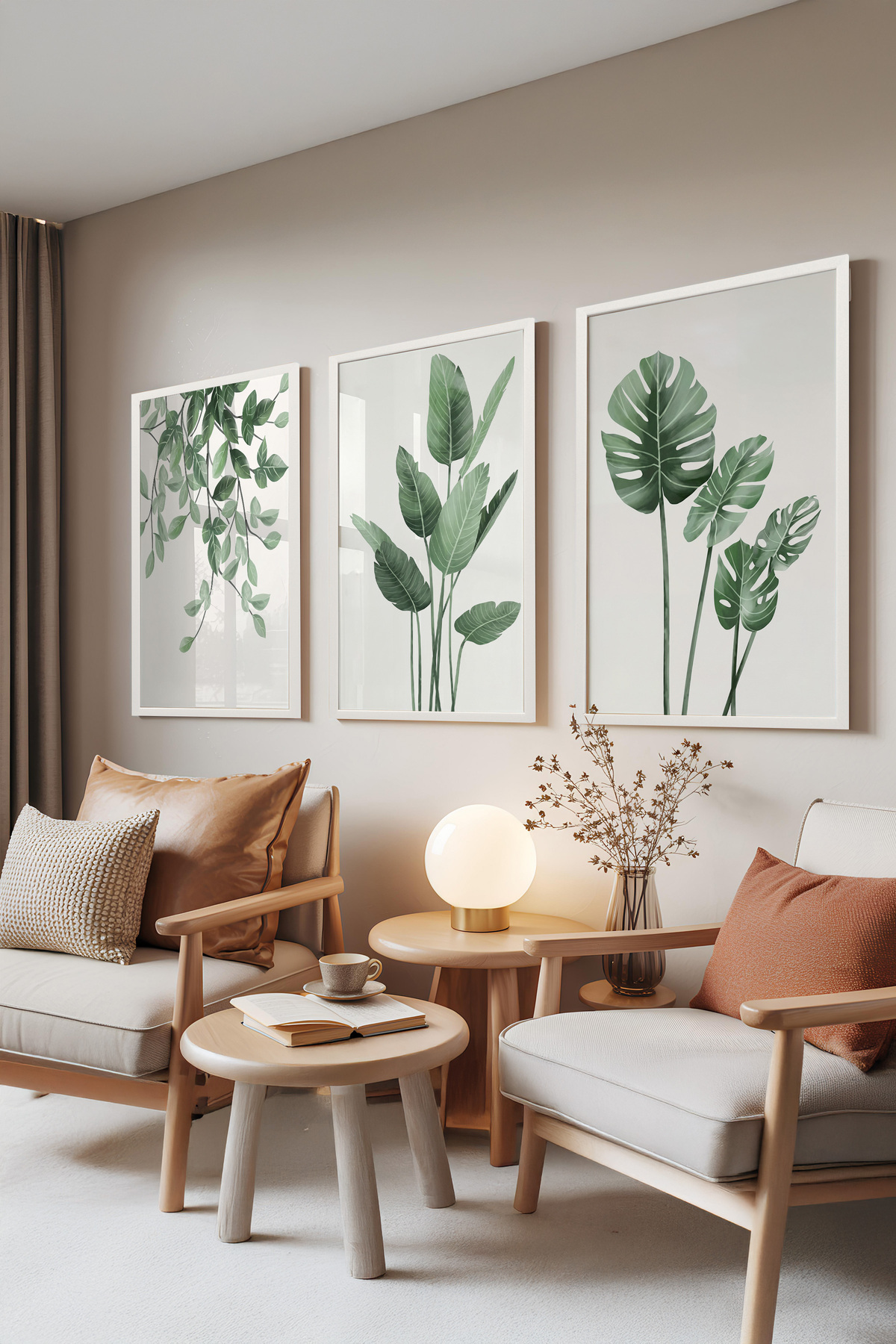 3-Piece Table Set with White Frame, Green Botanical – Minimal Leaf Pattern Set No: 30162