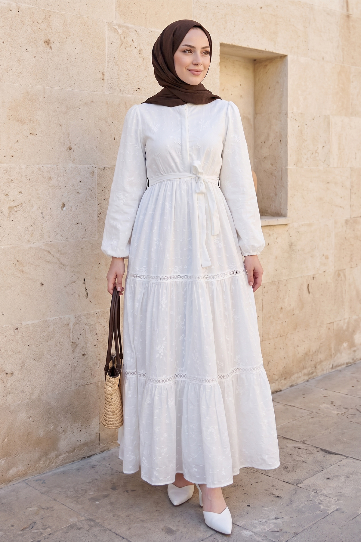 Women's Ruffled Lace Ribbon Detailed Modest Dress - White