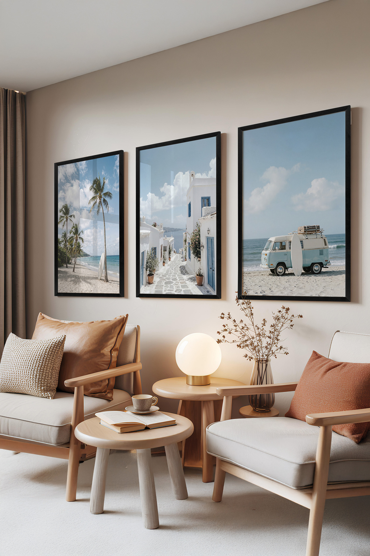 3-Piece Painting Set with Black Frame, Coastal Life-Palm and Beach View Set No: 30156