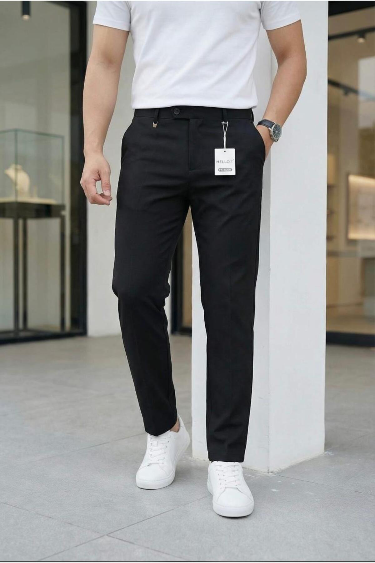 MODAMESTO Erkek Siyah Slim Fit Likralı Yan Cep Bilek Boy Düz Kumaş Pantolon görsel 2