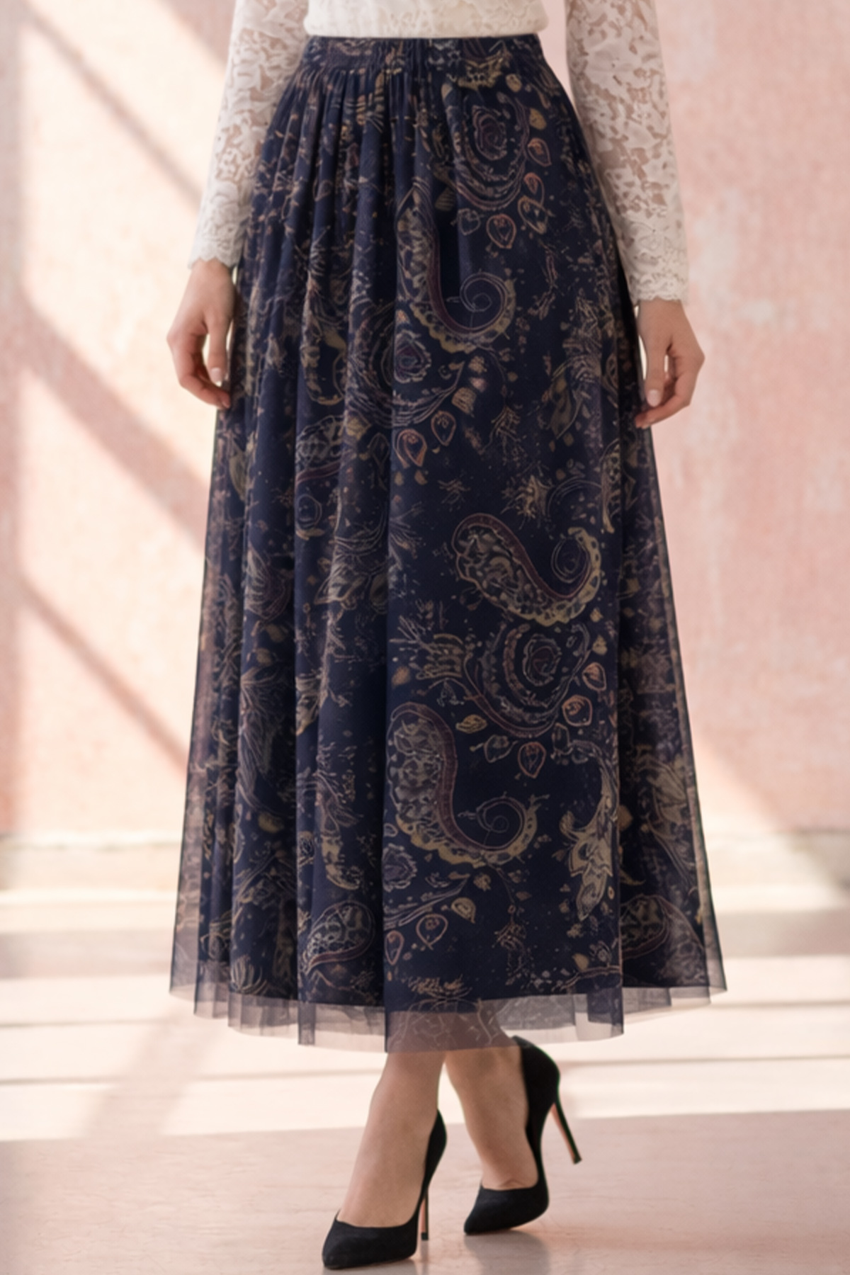 benguen  Desenli Tül Etek A222 Lacivert - Görsel 4