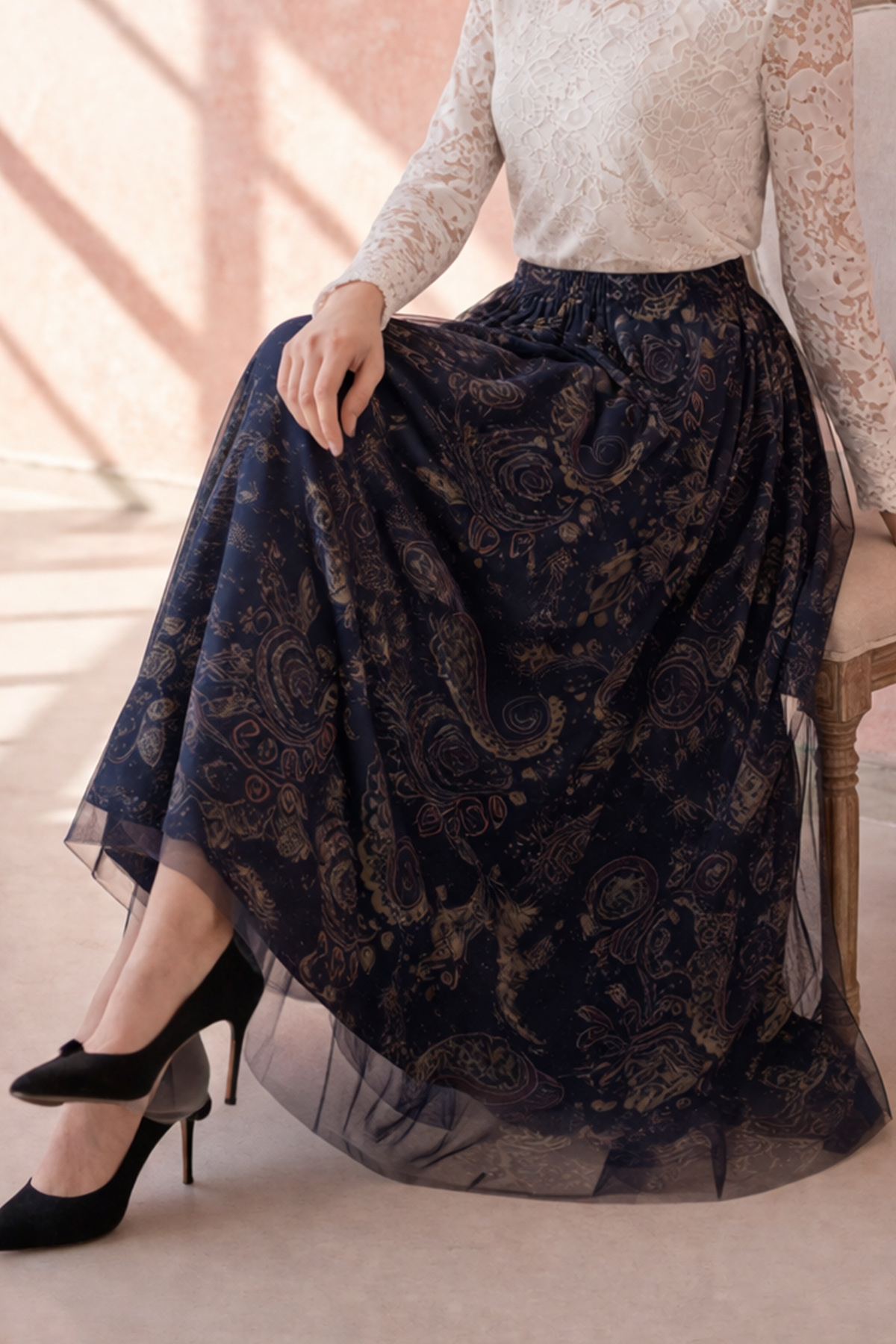 benguen  Desenli Tül Etek A222 Lacivert - Görsel 2