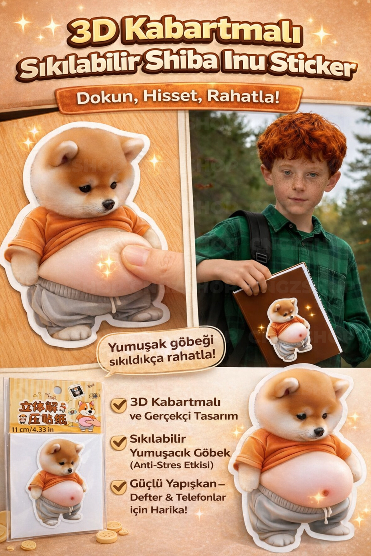 CNGZSHOP 3D Kabartmalı Sıkılabilir Shiba Inu Sticker | Anti-Stres