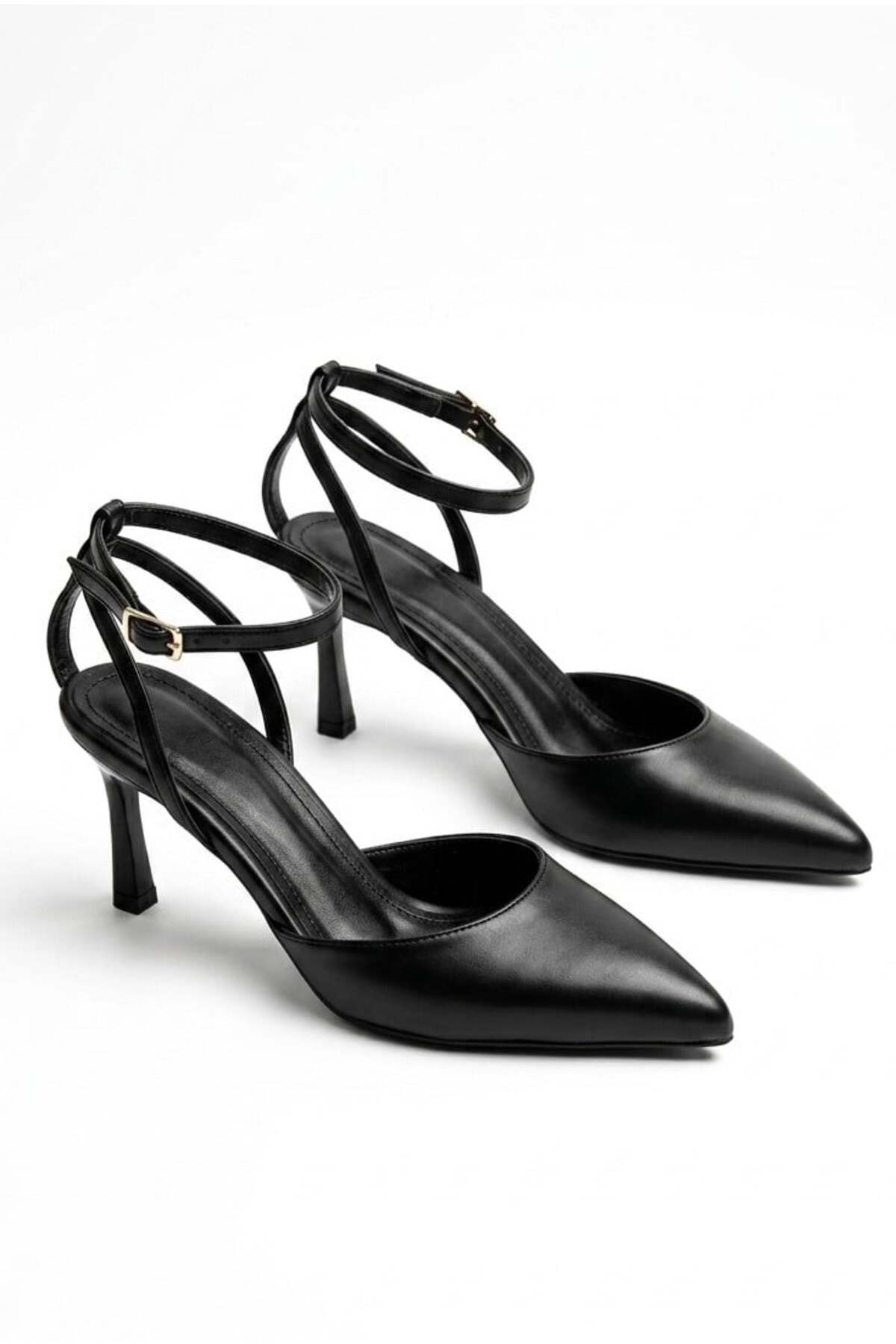 Women's Black Pointed Toe Ankle Tied Thin Heel Shoes