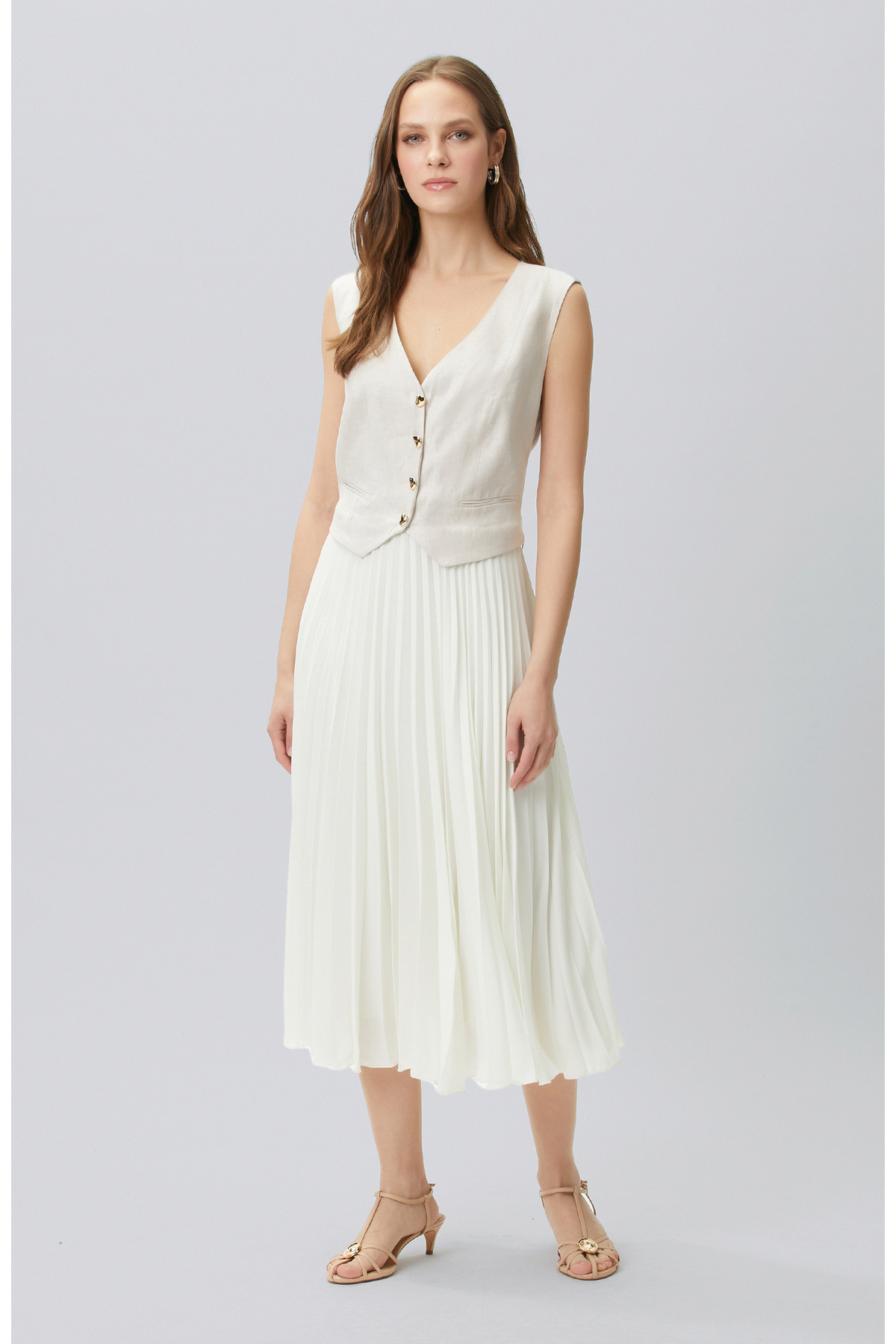 Beige Melange Linen Blended Midi Dress