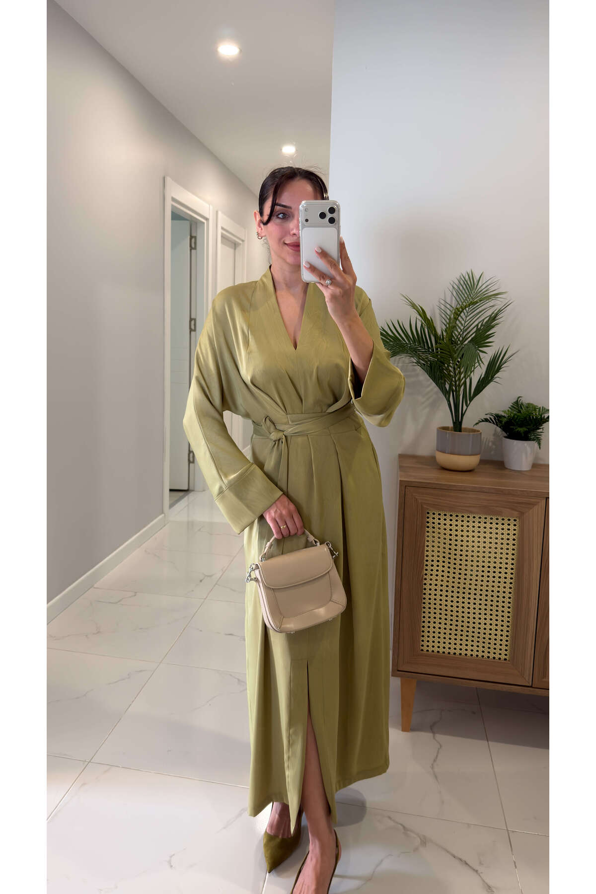 BİRCANÇİL  Chisra Haki Kimono Saten Elbise - Görsel 3