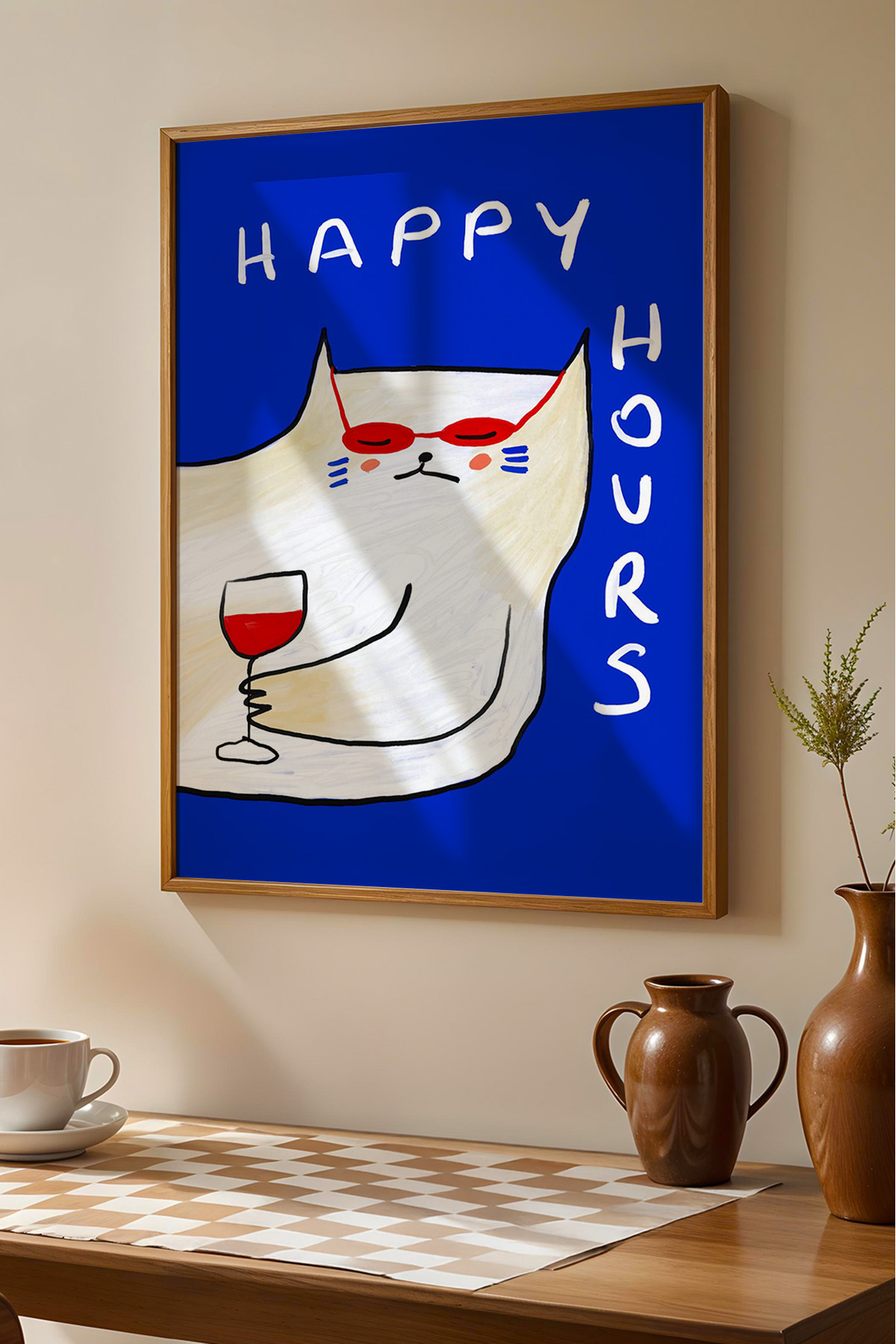 Kedi Tablo Şarap Poster Happy Hour Duvar Dekoru Eğlenceli Çerçevesiz
