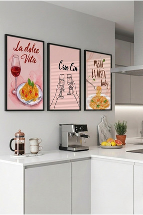 Yoko Home 3’lü Ahşap Çerçeveli Tablo Seti, Spagetti Tasarımlı Mutfak Tablosu ...