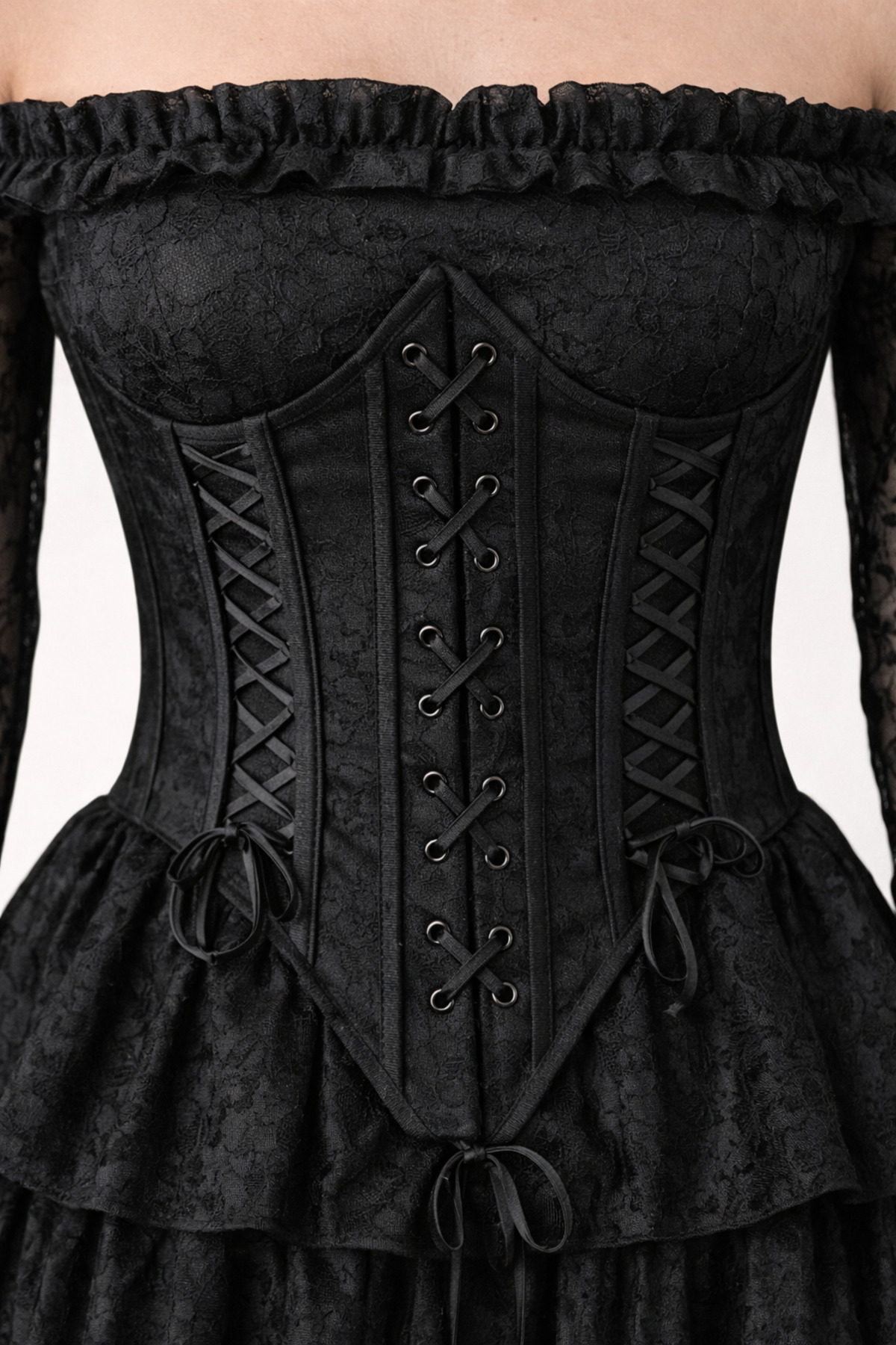 Butik  İDL Fashion Dantel korseli Mini Elbise -Siyah Volanlı, Omuz Açık Elbise - Görsel 4