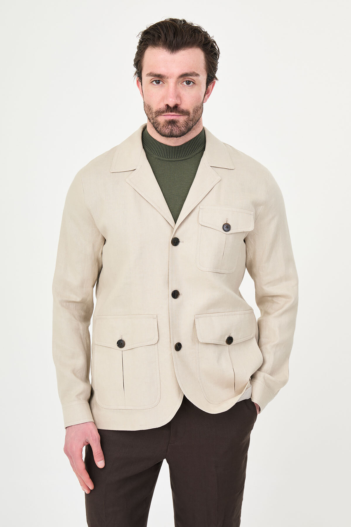 Mcr Düz Slim Fit Apaç Yaka Torba Cep %100 Keten Erkek Trenchcoat Bej - 21339.26Y