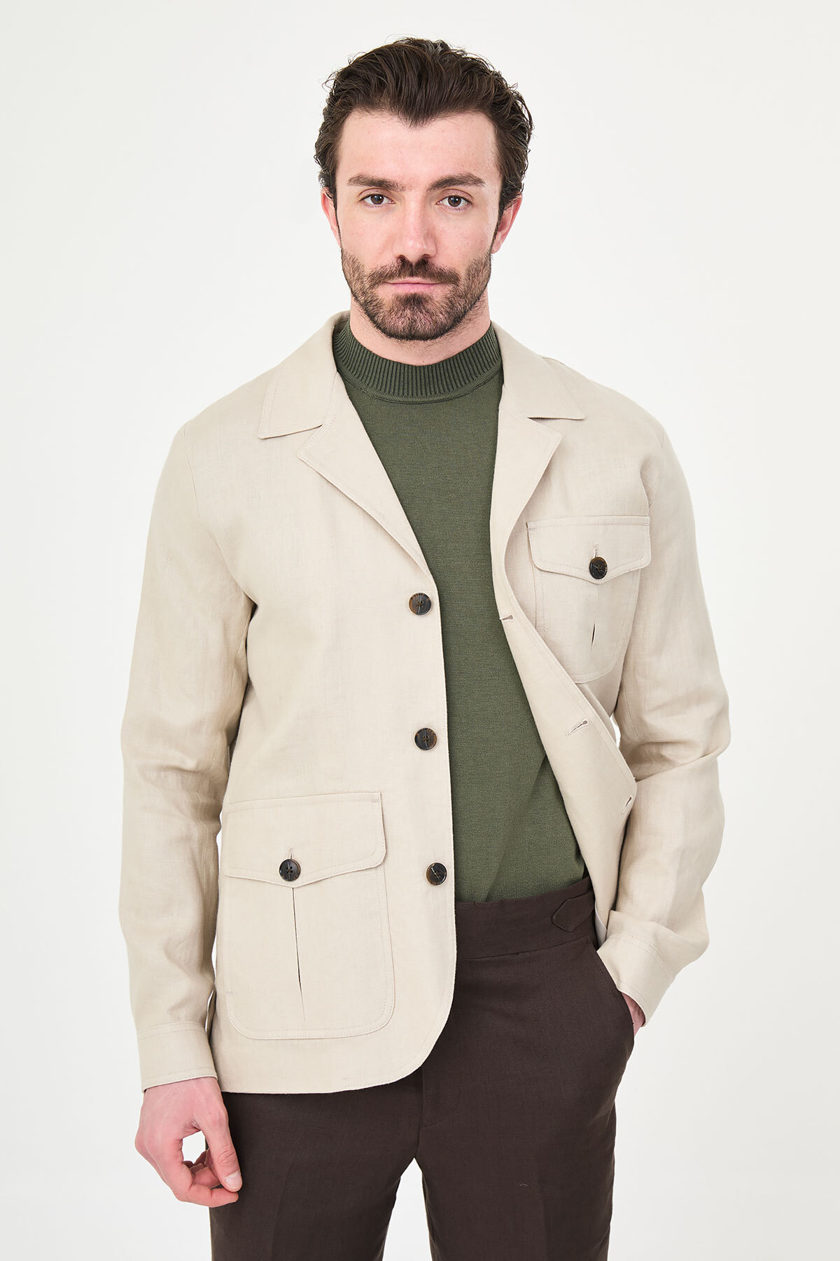 Mcr Düz Slim Fit Apaç Yaka Torba Cep %100 Keten Erkek Trenchcoat Bej - 21339.26Y görsel 7