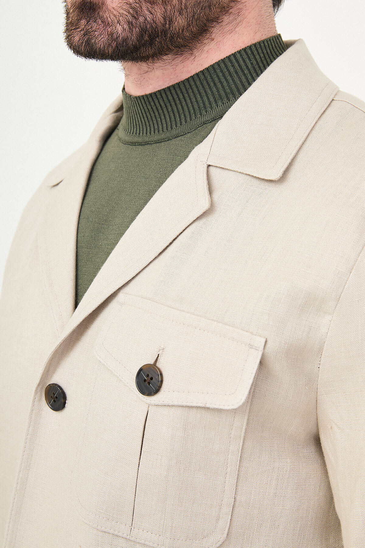 Mcr Düz Slim Fit Apaç Yaka Torba Cep %100 Keten Erkek Trenchcoat Bej - 21339.26Y görsel 2