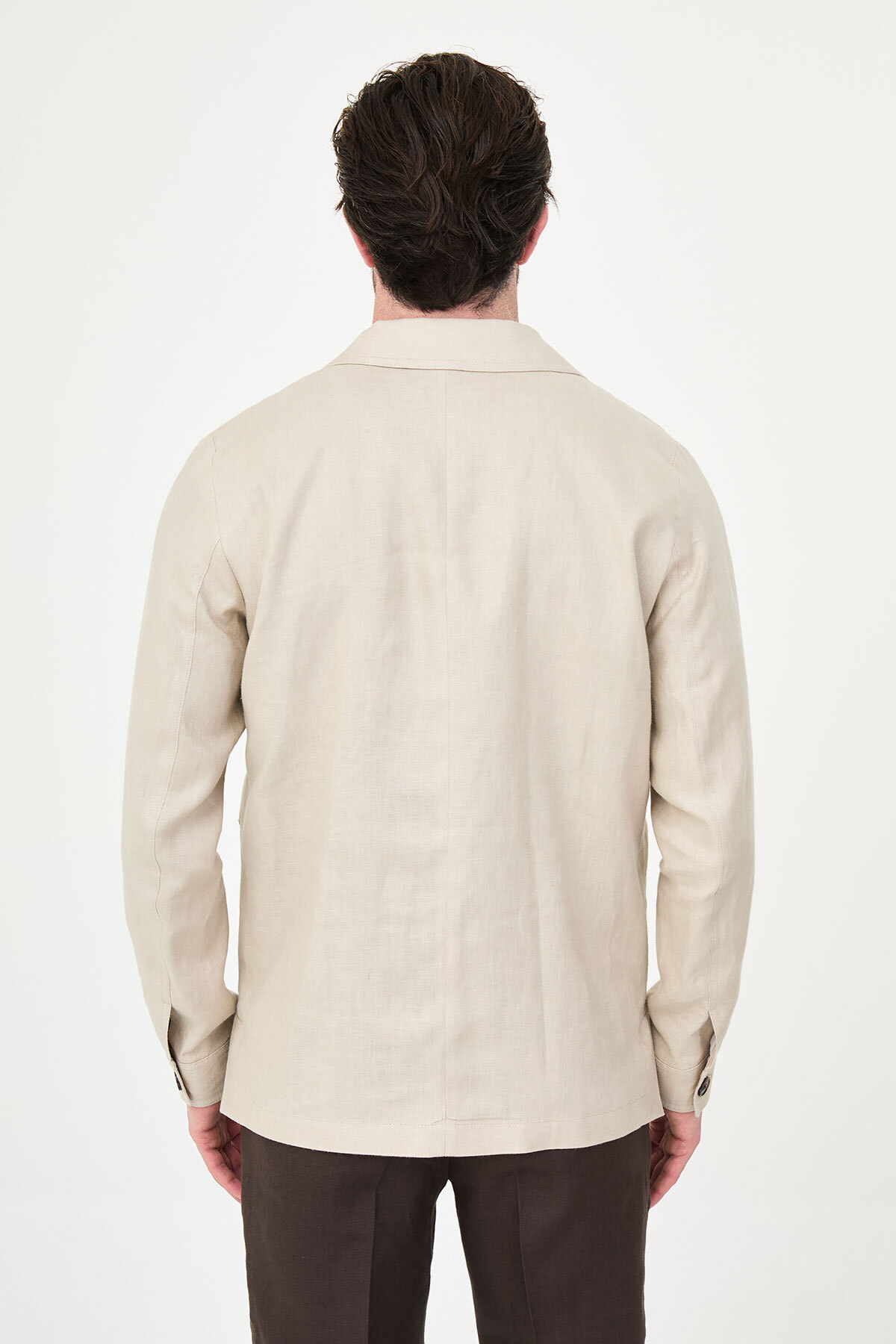 Mcr Düz Slim Fit Apaç Yaka Torba Cep %100 Keten Erkek Trenchcoat Bej - 21339.26Y görsel 5