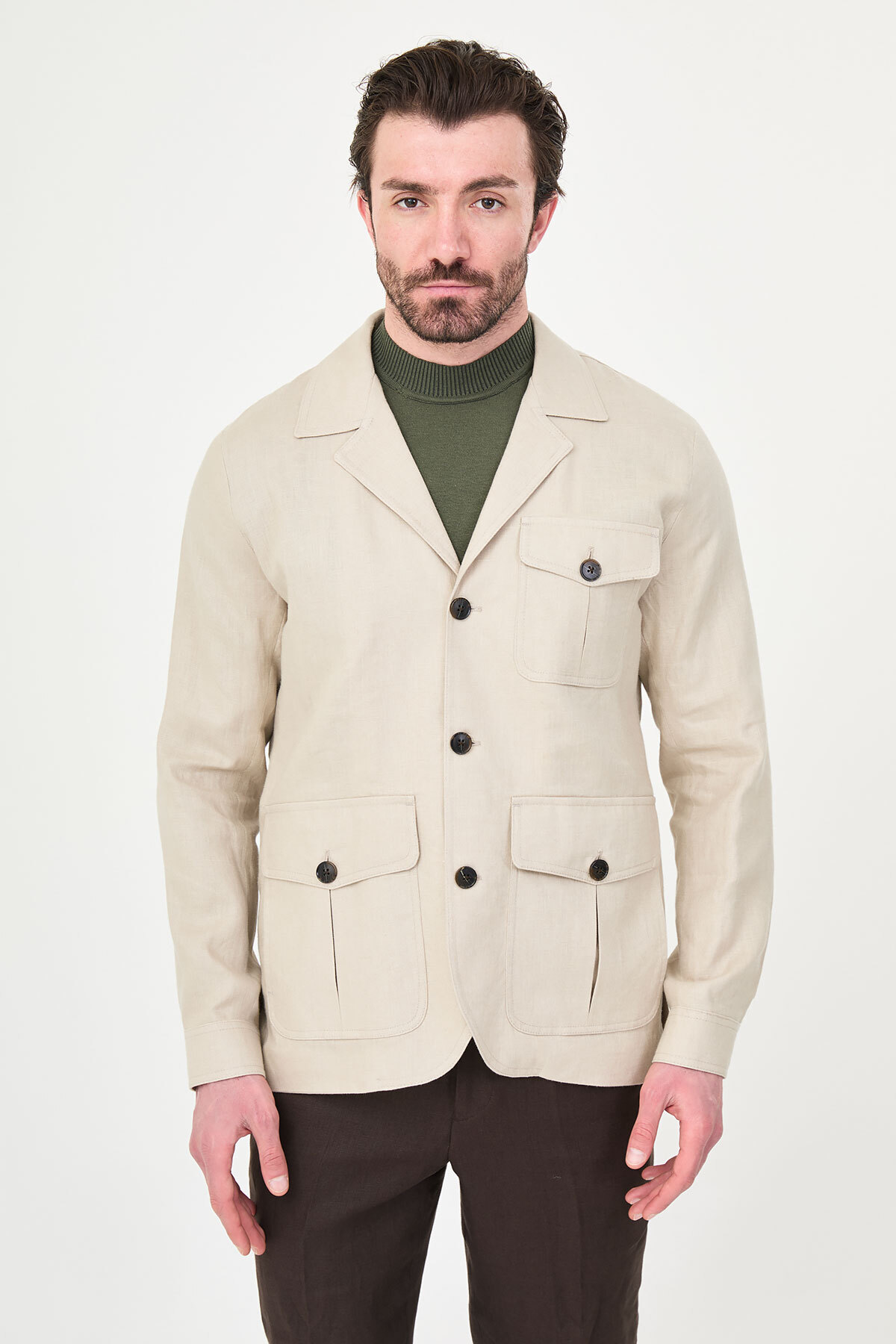Mcr Düz Slim Fit Apaç Yaka Torba Cep %100 Keten Erkek Trenchcoat Bej - 21339.26Y görsel 4