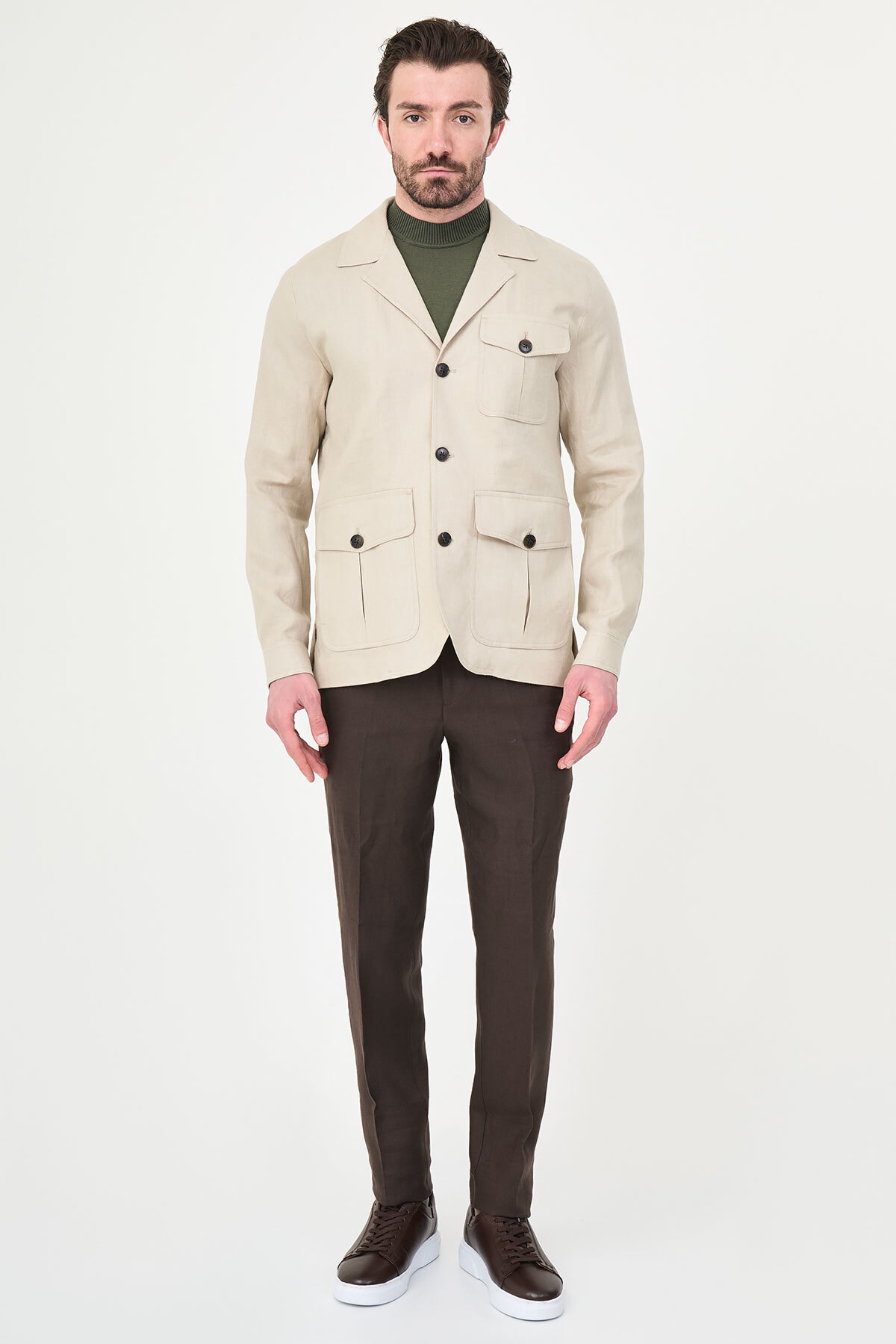 Mcr Düz Slim Fit Apaç Yaka Torba Cep %100 Keten Erkek Trenchcoat Bej - 21339.26Y görsel 3