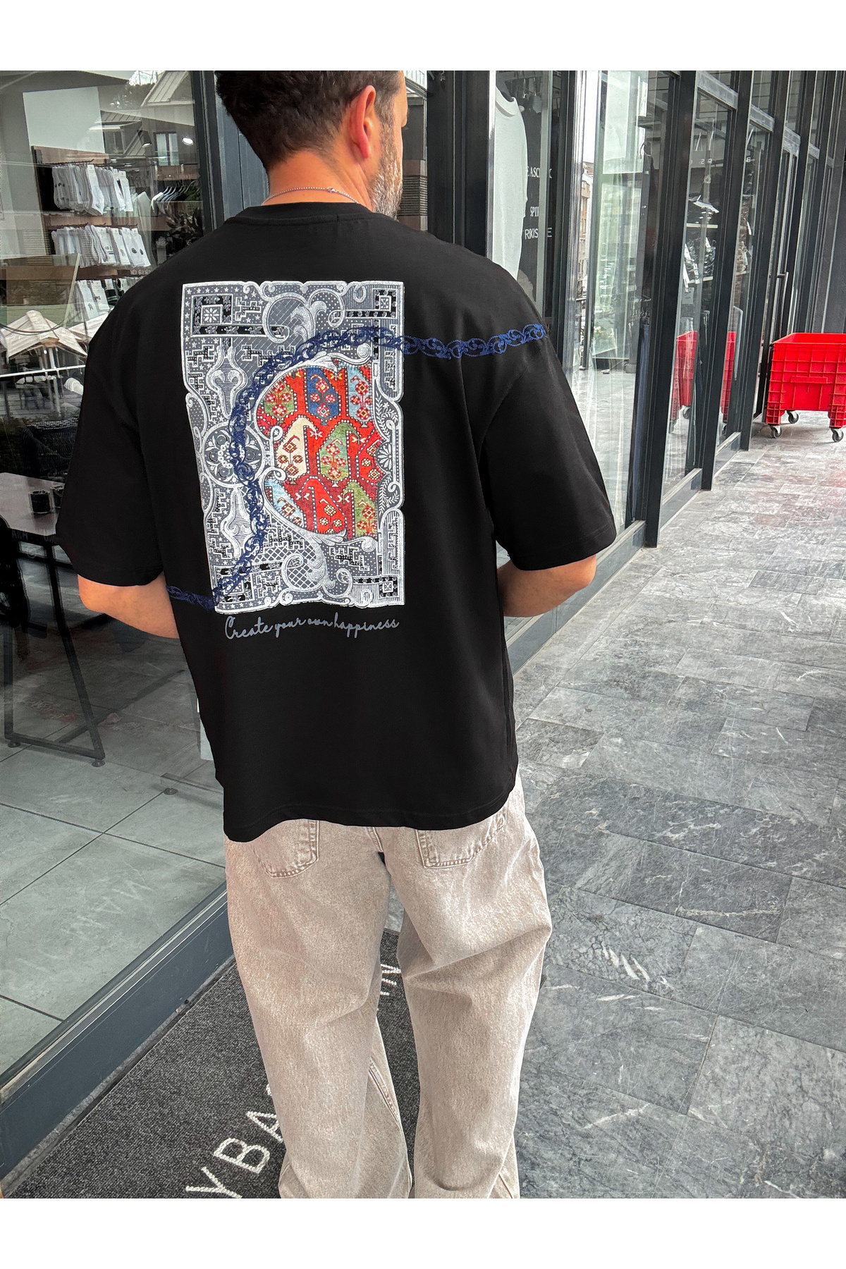 BYBASICMAN Black Happiness Patched Oversize T-Shirt Sw-5125