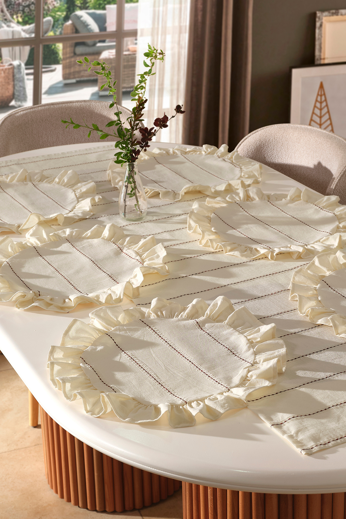 Avelis Runner and Frilly Underplate Set-Tablecloth Set 7 Pieces 40x150