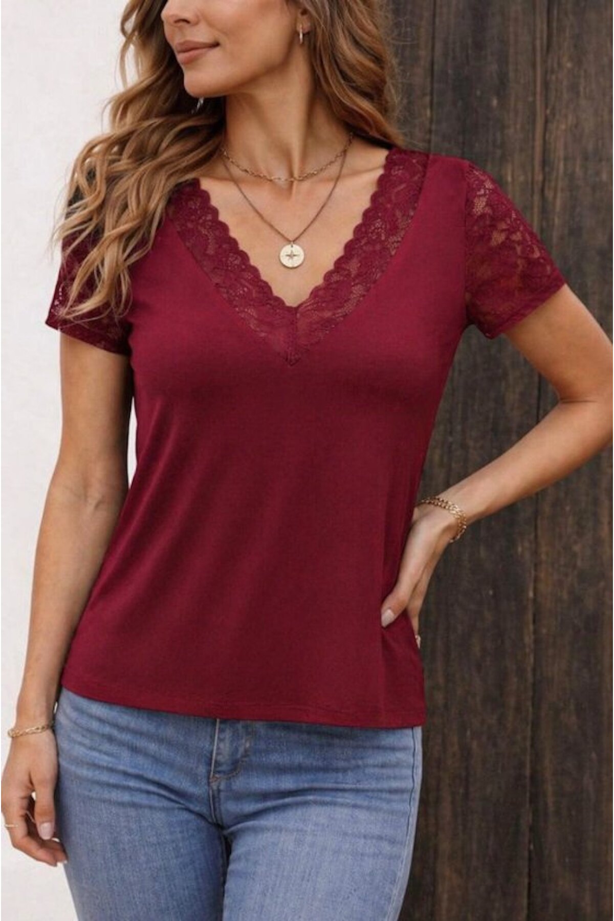 MODA  Kadın dantelli v yakalı kısa kollu bluz - Görsel 2