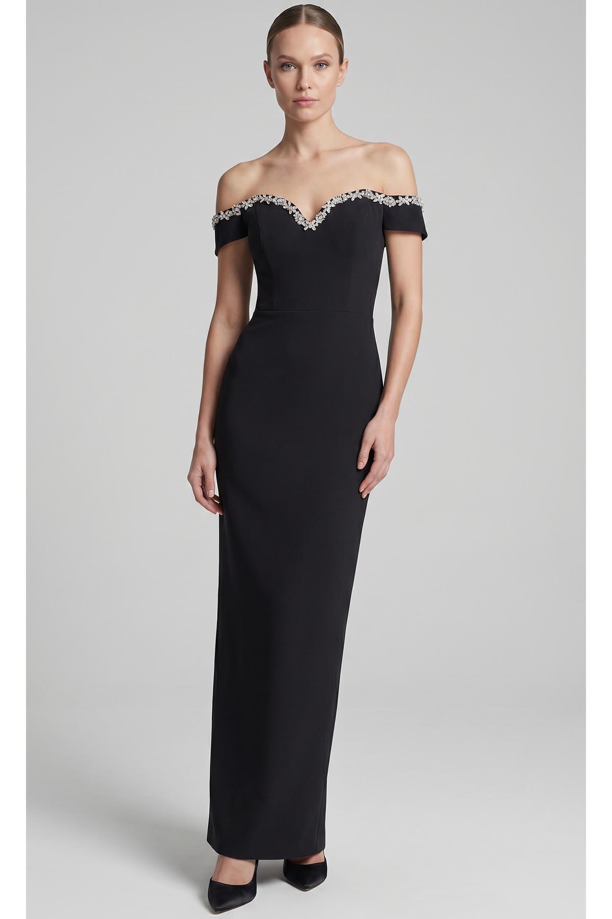 Black Collar Stone Embroidered Evening Dress