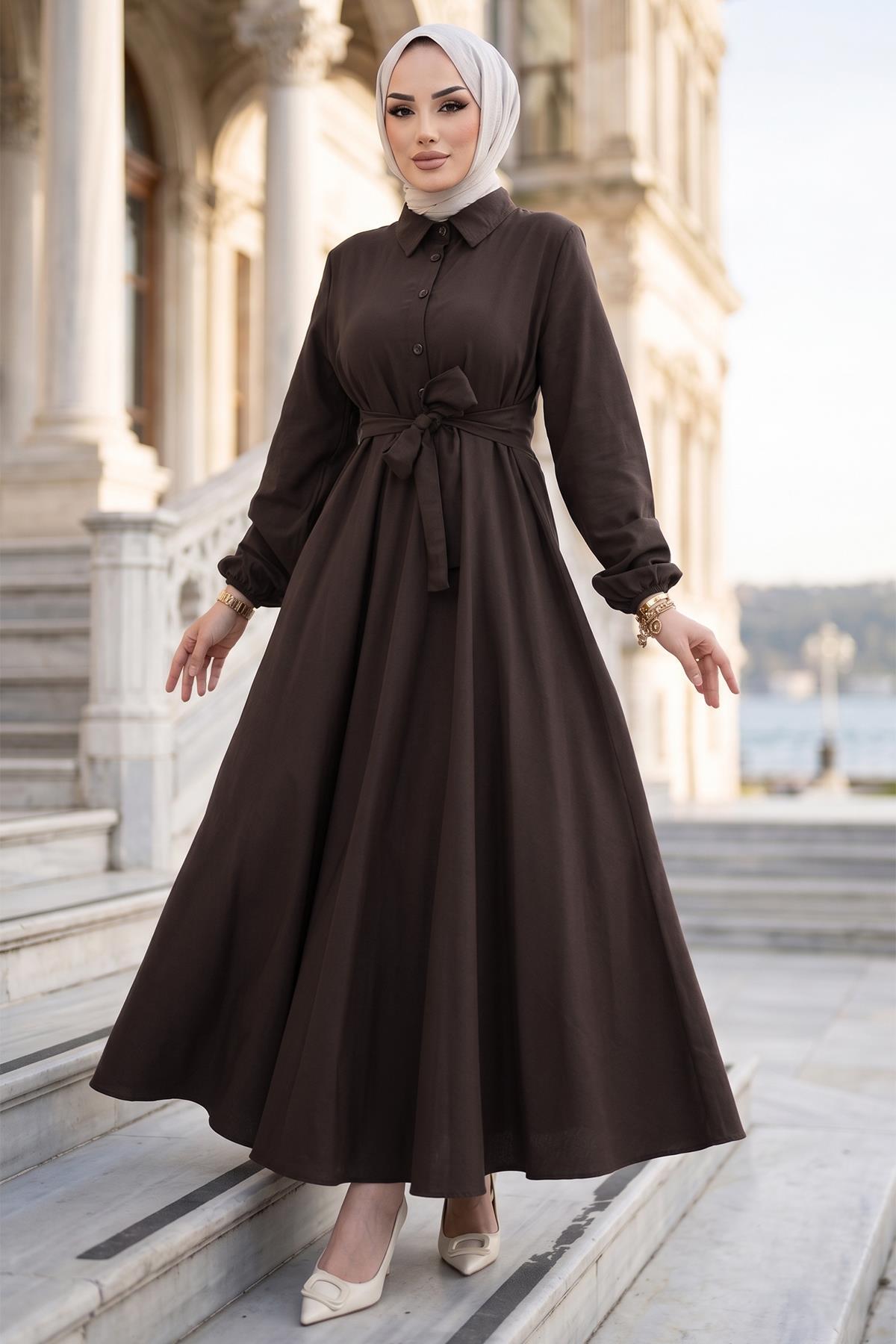 hafsamina  Kuşaklı Mevlana Elbise Acı Kahve HM2105 - Görsel 3