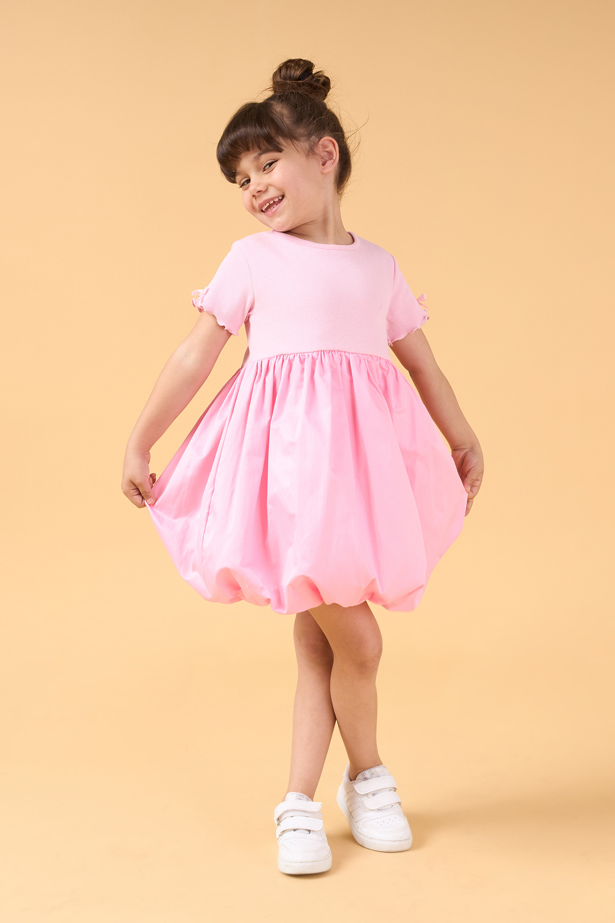 Girls Bow Tie Detailed Summer Balloon Dress Light Pink
