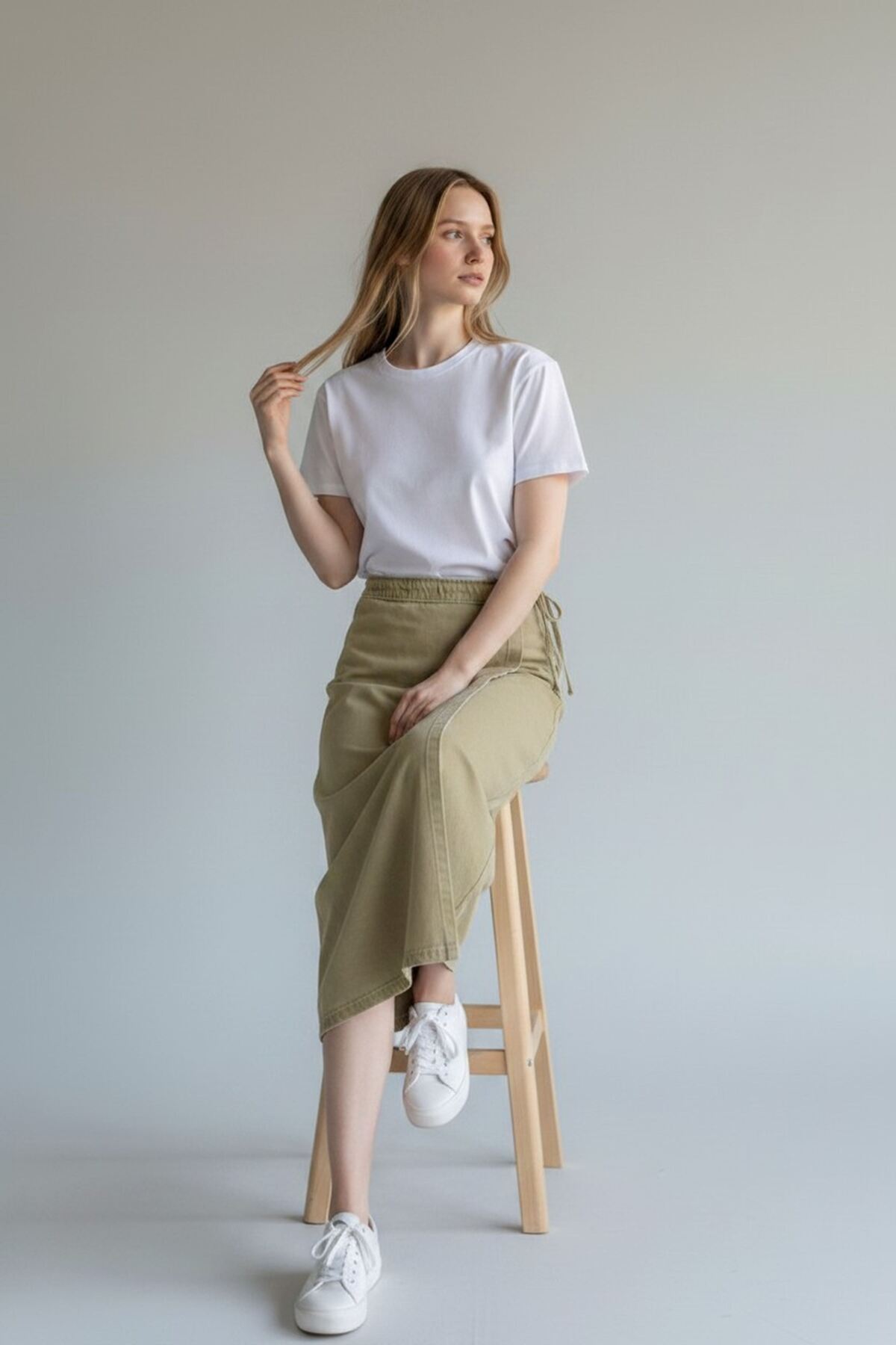 VELLICHOR  YANDAN BAĞLAMALI DENİM ETEK- HAKİ - Görsel 4