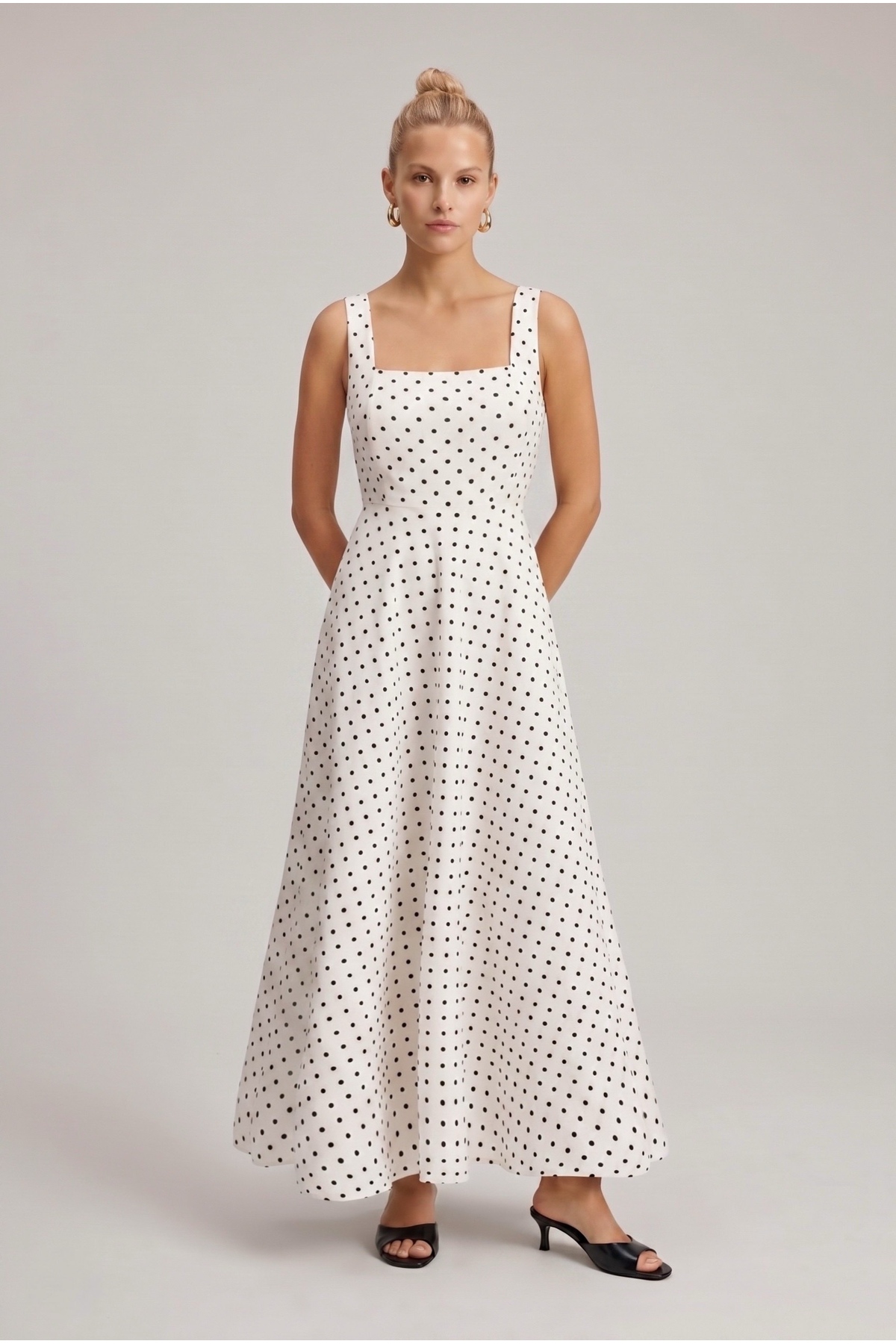 Ritnice  Kadın Füsun Arkadan Bağlamalı Kare Yaka Dokuma Uzun Puantiyeli Beyaz Elbise - Görsel 3