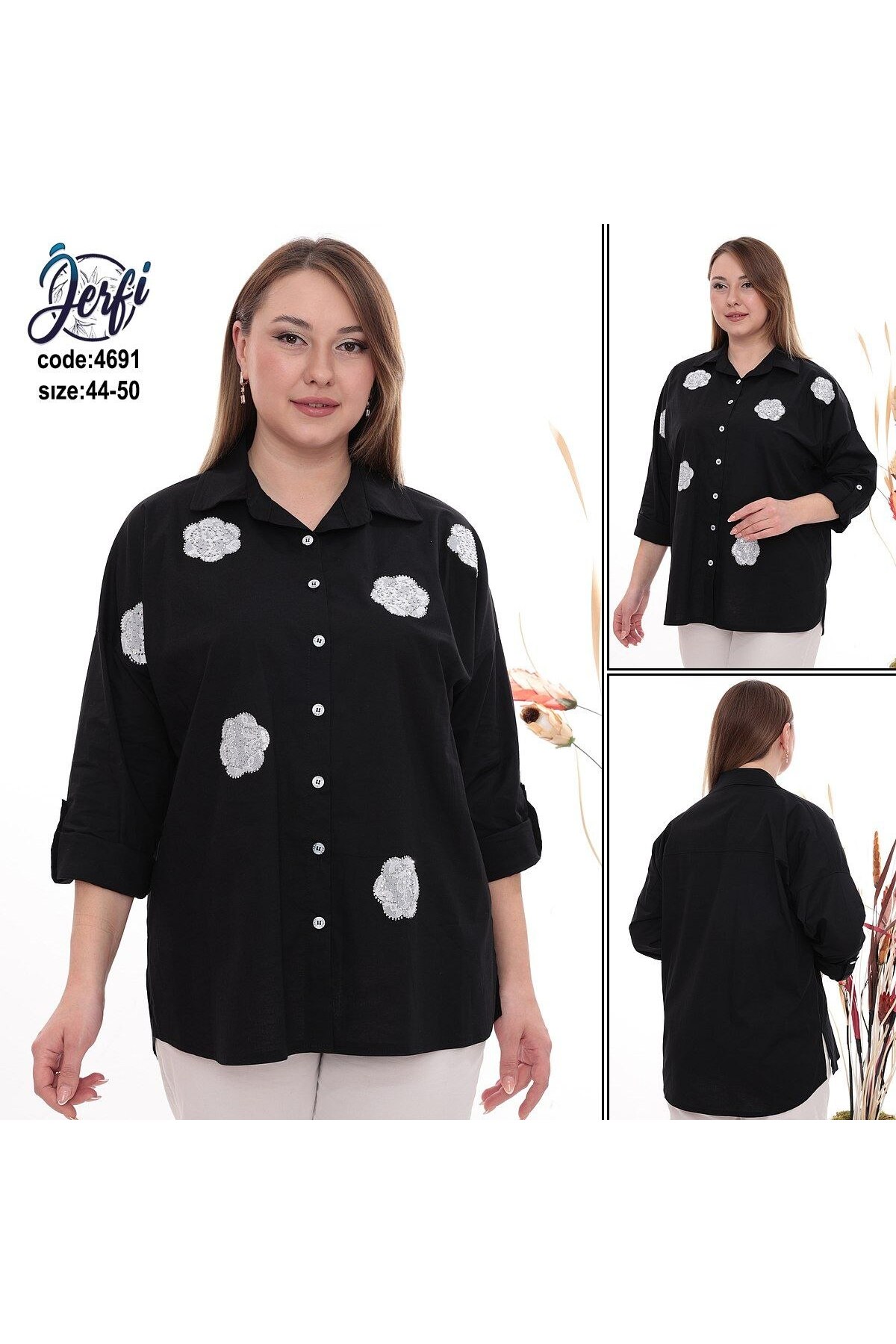 JERFİ  KADIN BÜYÜK BEDEN ROSE TAŞ BASKILI POPLİN KUMAŞ GÖMLEK - Görsel 2