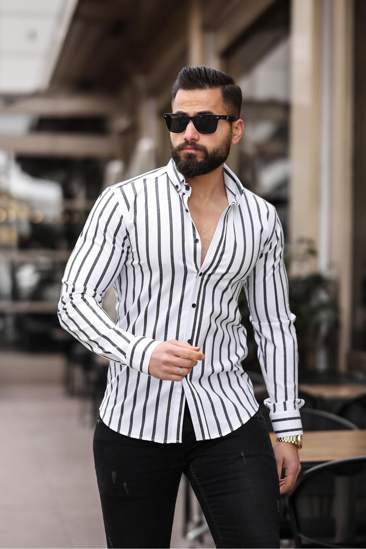 BAYIM Erkek Slim Fit Çizgili Gömlek Likralı Dar Kesim Şık Günlük Gömlek (Beyaz & Mavi / Beyaz & Siyah) görsel 3