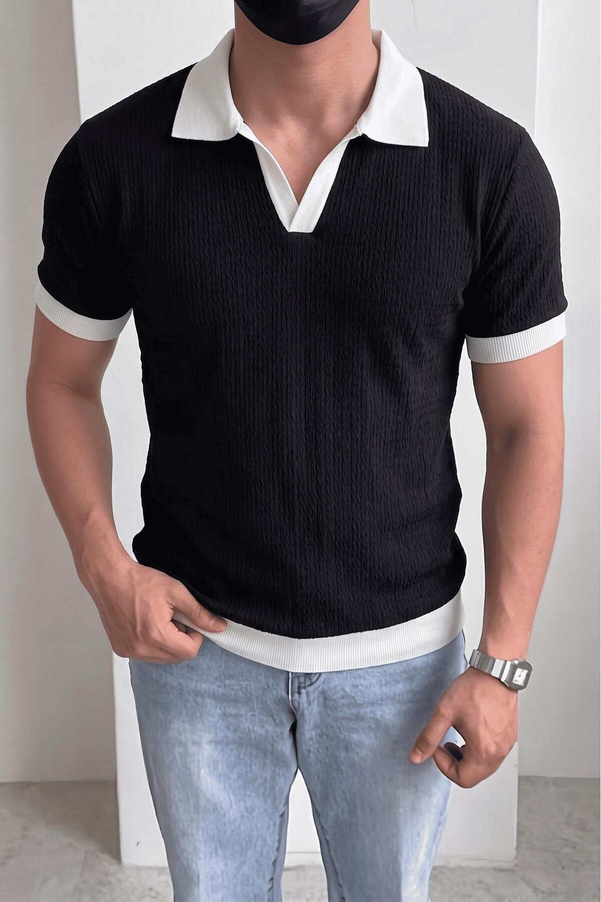 Cube Men's Slim Fit Jacquard Polo Neck Knitwear T-Shirt - Contrast Striped Knitted Bouquet